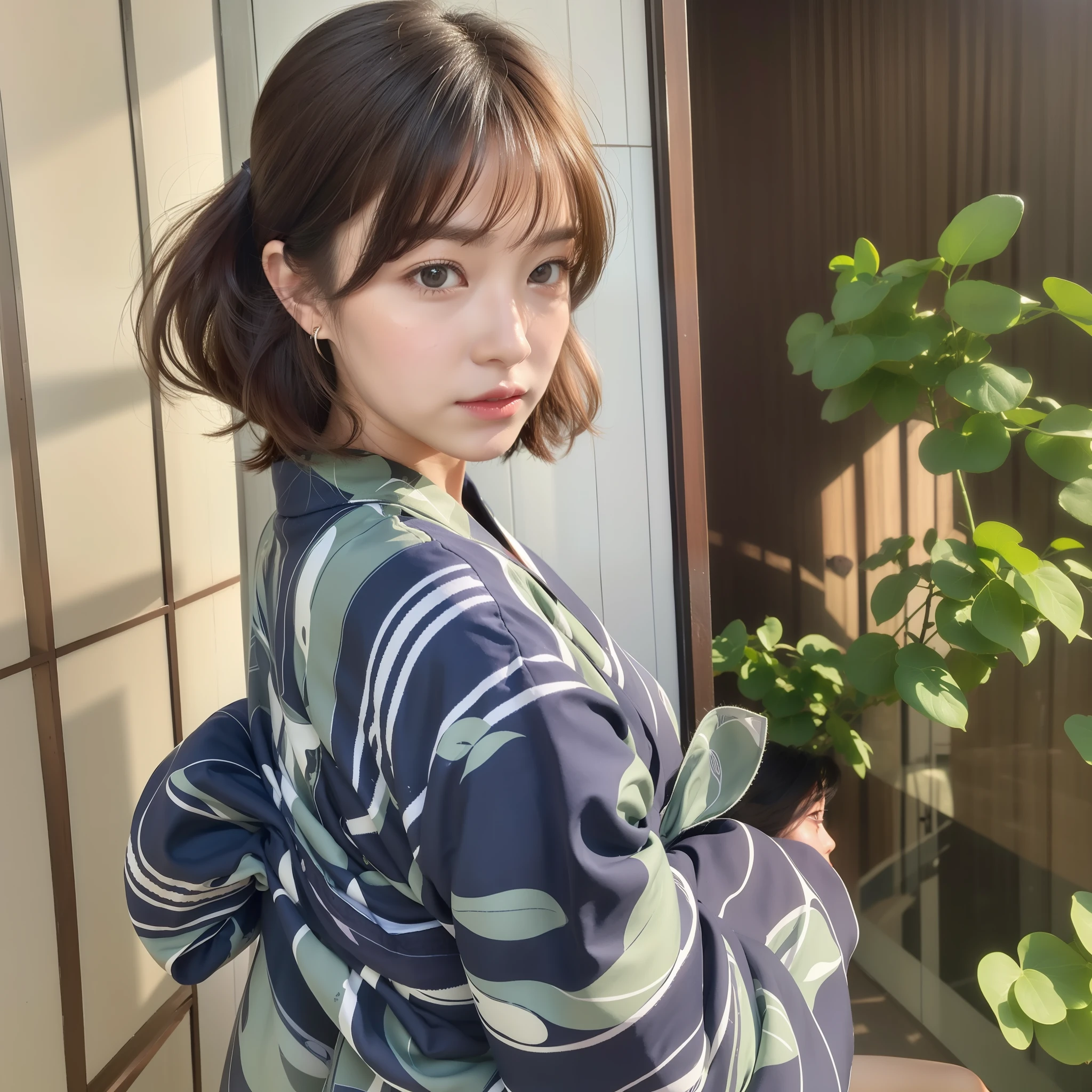 (8k、best-quality、Master Pea:1.2)、(hair、_style)、(real、photo-realistic:1.37)、best-quality、Master Pea、A simple studio room with natural light、[small breasts]、[Small breasted]、Two models with different atmospheres、Position one of the two in a well-balanced perspective、1 photo、High Balance、From the waist up、Camera angle with background facing up、Hands holding hair to ears、Hair styling and summer yukata style to match the trend of 2023、Three years for two Japan、real、real、Super Detail、Beautiful facial features、18yo、Actress、Half-Japanese and Russian models、Elaborate CG、Slender、charming、熟女、Long model and bob model for 3 years Japan、Hair fluttering in the wind、Delicate skin type、Hair with fine details and softness、The model's hair color is slightly lighter and softer、Gloss makeup、Yukata has a cute impression with gentle colors