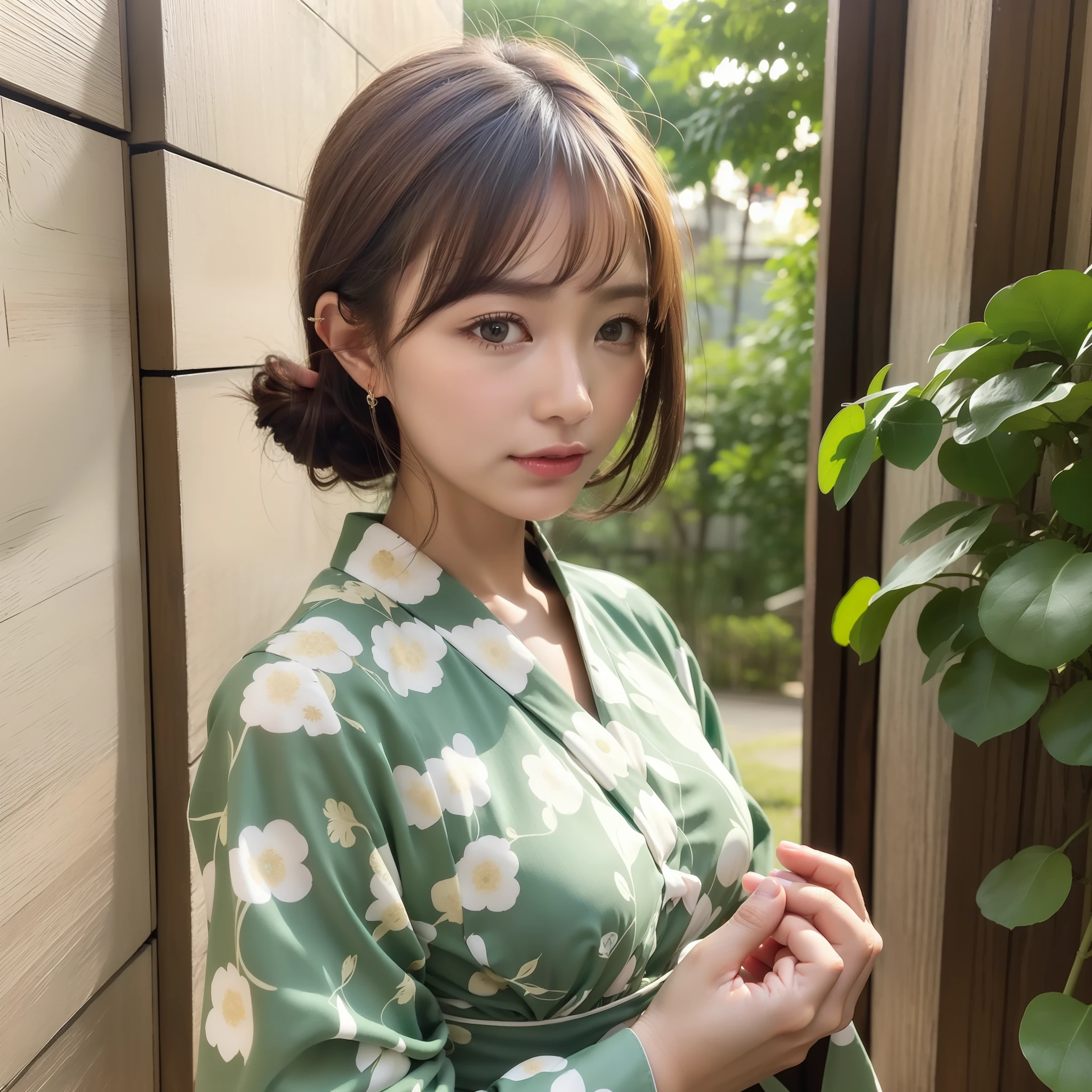 (8k、best-quality、Master Pea:1.2)、(hair、_style)、(real、photo-realistic:1.37)、best-quality、Master Pea、A simple studio room with natural light、[small breasts]、[Small breasted]、Two models with different atmospheres、Position one of the two in a well-balanced perspective、1 photo、High Balance、From the waist up、Camera angle with background facing up、Hands holding hair to ears、Hair styling and summer yukata style to match the trend of 2023、Three years for two Japan、real、real、Super Detail、Beautiful facial features、18yo、Actress、Half-Japanese and Russian models、Elaborate CG、Slender、charming、熟女、Long model and bob model for 3 years Japan、Hair fluttering in the wind、Delicate skin type、Hair with fine details and softness、The model's hair color is slightly lighter and softer、Gloss makeup、Yukata has a cute impression with gentle colors