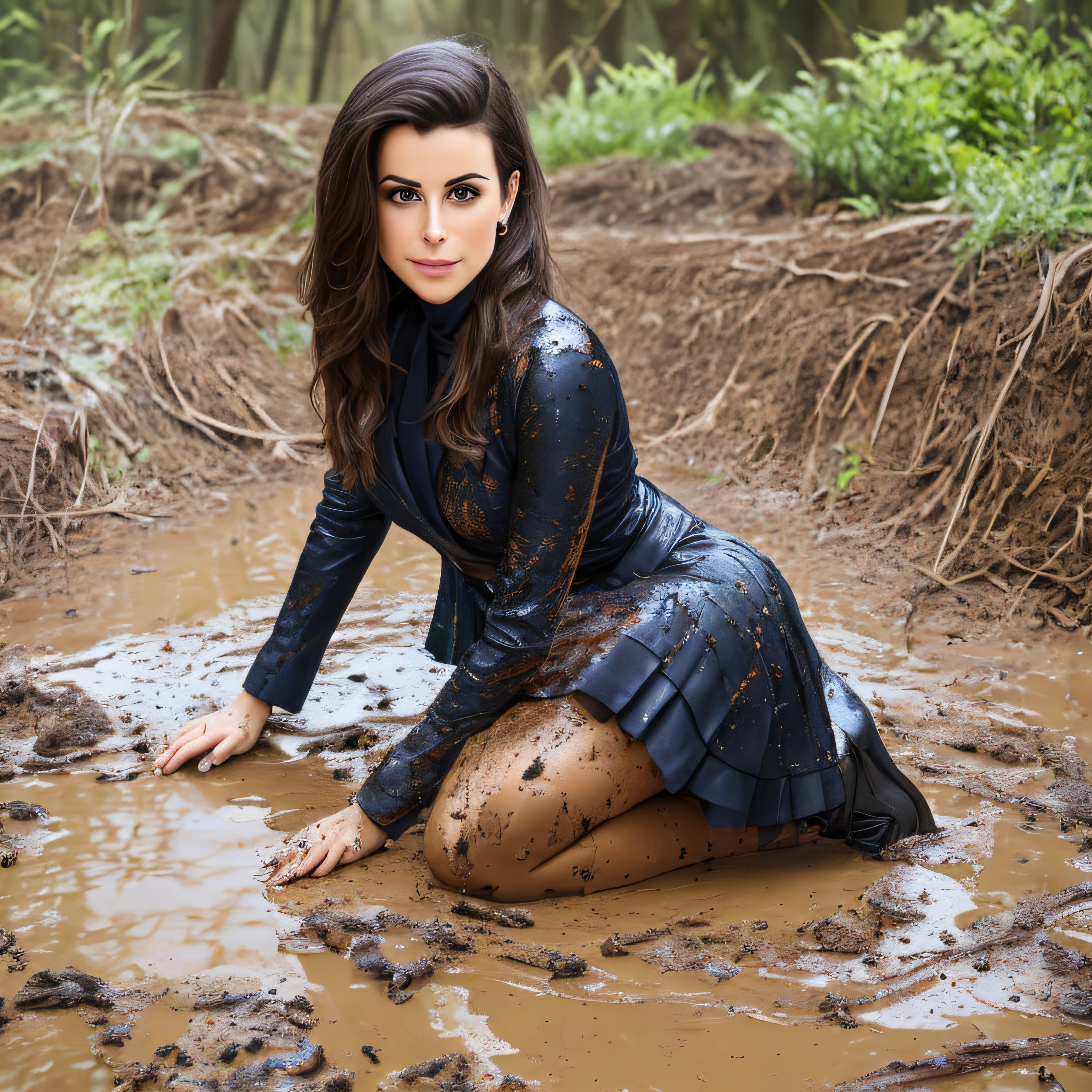 Hyper-realistic photograph of a 30-year-old woman in a room with white wall tiles and white floor tiles smeared with slag, Frau ist mit Schlamm verschmiert, Lena Meyer Landrut, unterbrustkorsett mit Schlamm verschmiert, Fluting, black tulle skirt smeared with mud, rote Spitze High Heel Lackpumps rot mit Schlamm verschmiert, schwarze Netzstrumpfhose mit Schlamm verschmiert, the entire body is smeared with mud, die blonden lockigen Haare sind mit Schlamm verschmiert, High quality, realistische Beleuchtung, Bildmitte, Sanduhrproportionen, 8K, HDR, BDSM, medium breast size, professionelle Fotografie einer Frau, natural skin texture smeared with mud, 4K-Texturen, Adobe Lightroom, Fotolabor, HDR, kompliziert, elegant, sehr detailliert, scharfer Fokus, wahnsinnige Details, komplizierte Details, hyperdetailliert, Helles Kinolicht, Außenatmosphäre, Kinn hochgezogen, (exponierter Bauch: 1,8 ), (Fernaufnahme), dominanter Gesichtsausdruck