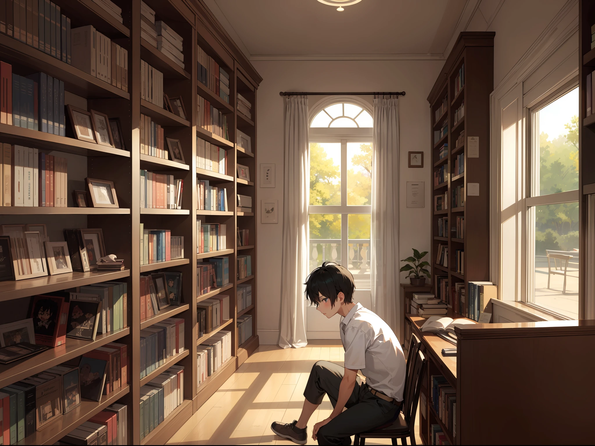 library，1boy，bookshelf，boka，Black hair，dark eyes