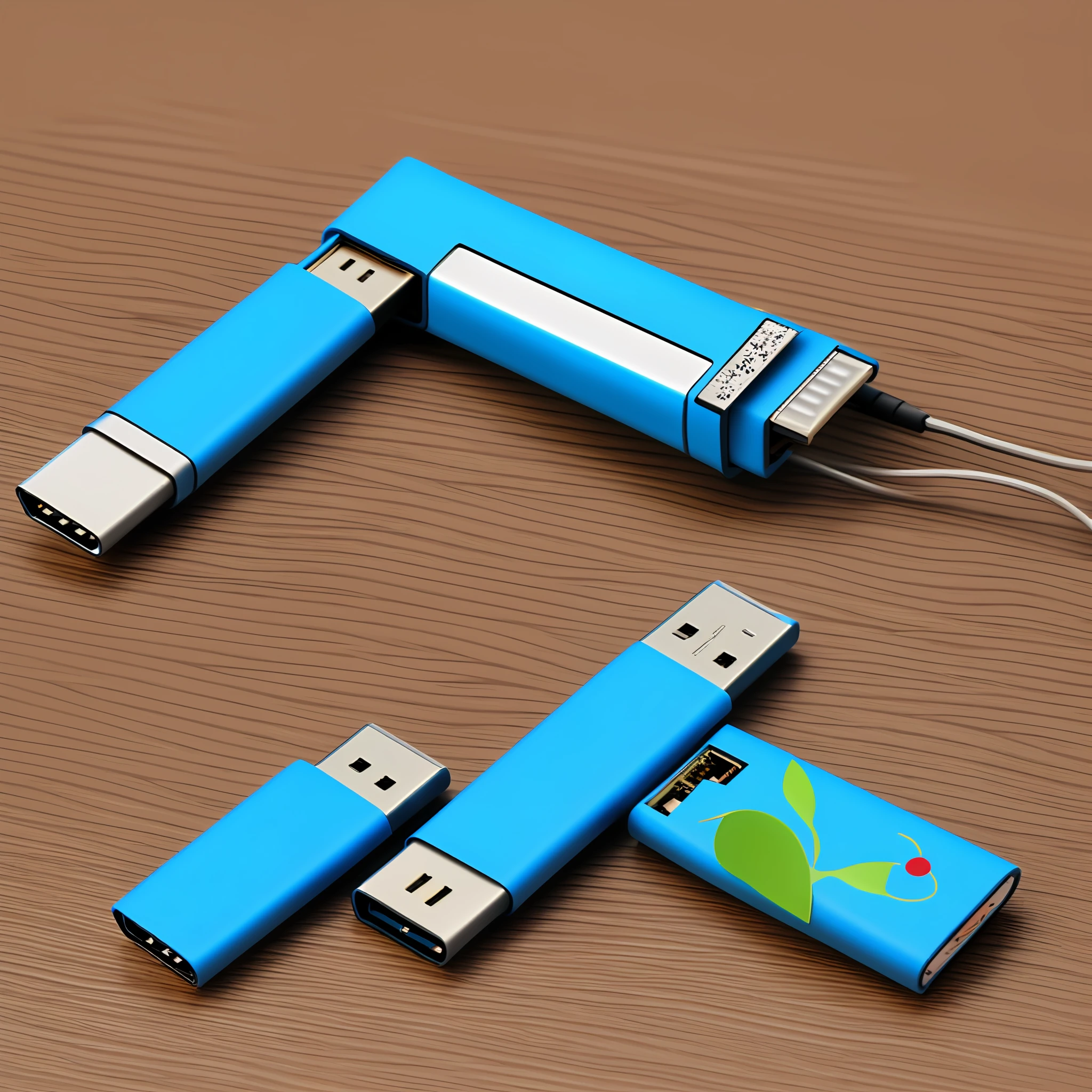 There is only one USB stick on the table,A little decoration on the table,Give this USB stick a close-up,Overall bright style。