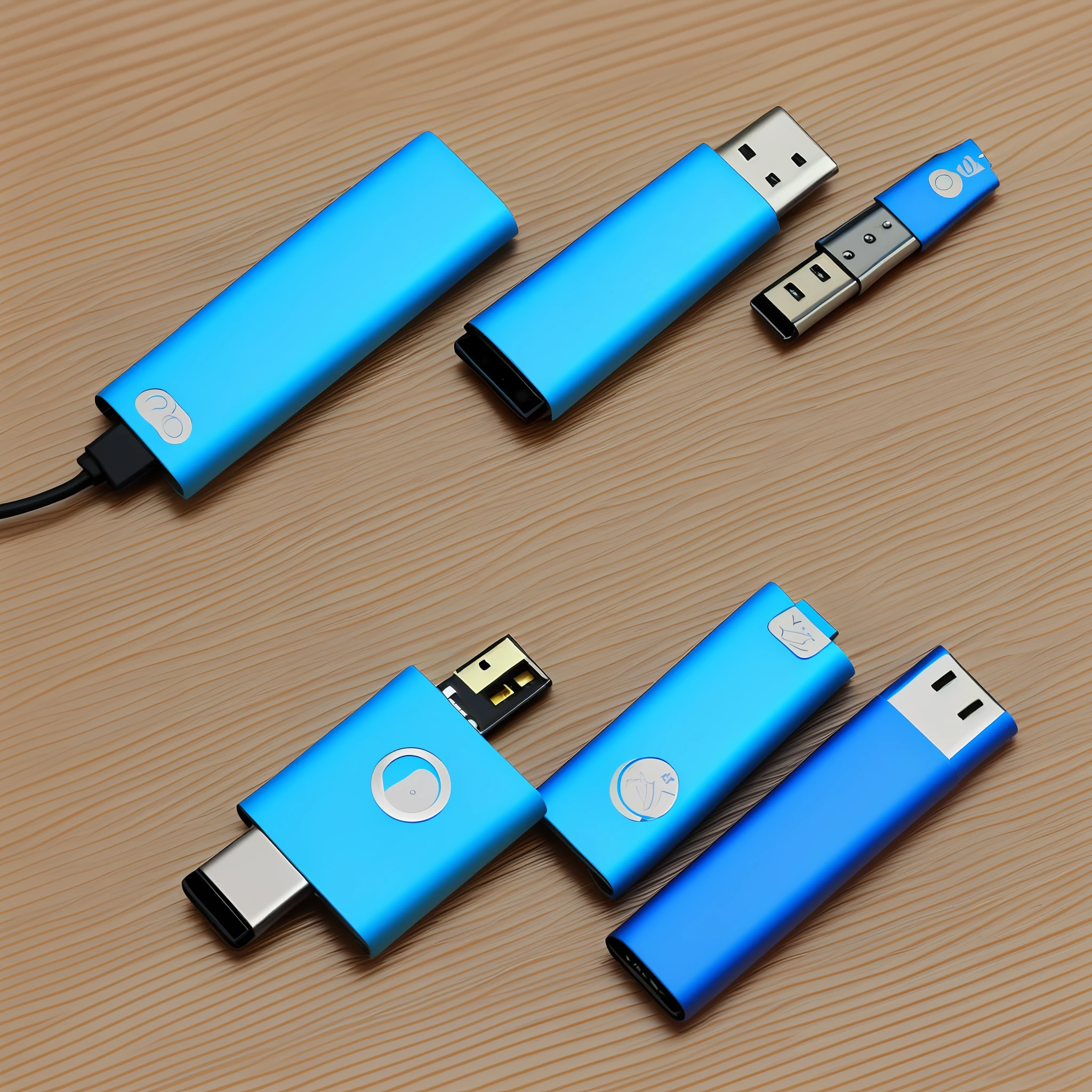 There is only one USB stick on the table，A little decoration on the table，Give this USB stick a close-up，Overall bright style。