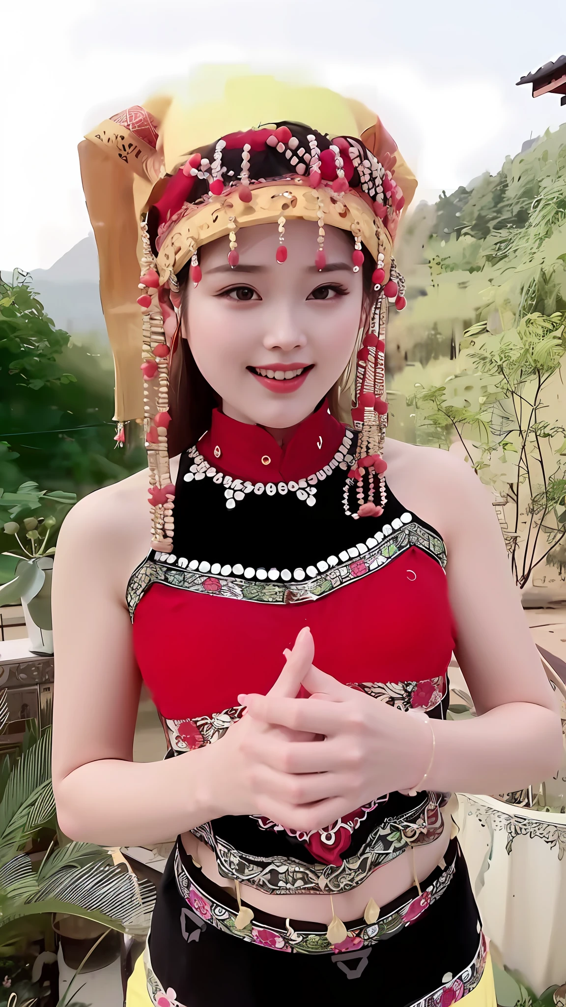 a close up of a woman in a red and black outfit, traditional beauty, traditional chinese, Chinese girl, Chinese woman, sha xi, Chinese style, 4 8 0 p, 480p, chinese costume, traditional tai costume, with acient chinese clothes, Middle metaverse, Ancient sword, chinese dress, live, full body xianxia