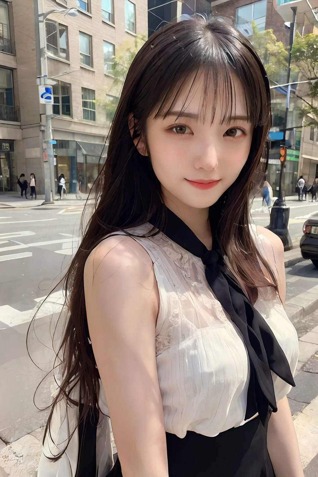 (8k, Best Quality, Masterpiece:1.2), (Realistic, Photorealistic:1.37), Ultra Detailed, Small,One Girl,Cute,Solo,Beautiful Detailed Sky,Date,(Blush),(Smile:1.15),(Closed Mouth)Small Breasts, Delicate Body、Black Eyes、Neat,Beautiful Detailed Eyes,(Long Hair: 1.2),Black Hair,Floating Hair NovaFrogStyle,Full body, Thin legs, see-through, Sleeveless blouse