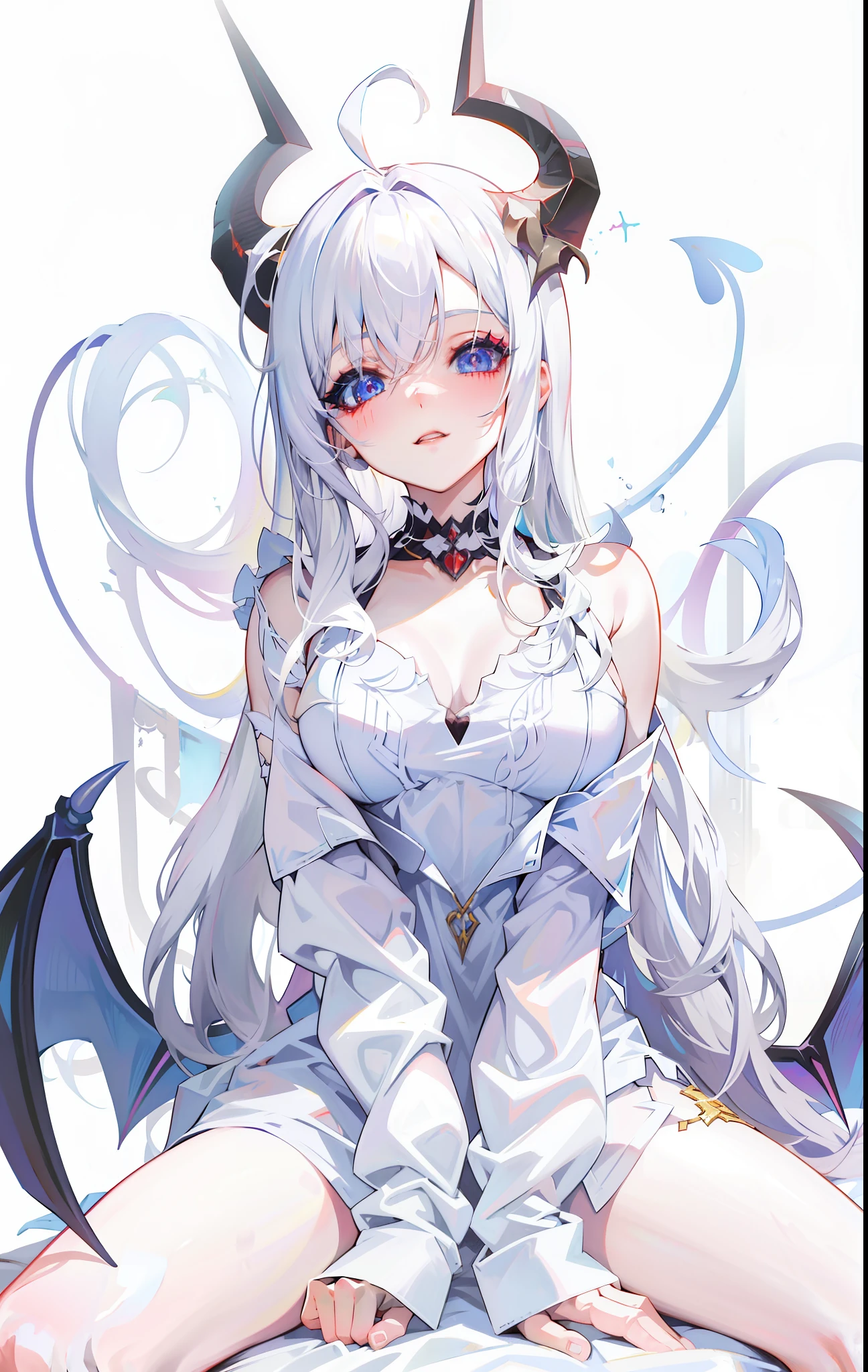 anime girl with white hair and horns sitting on a bed, demon anime girl, white haired deity, seductive anime girl, nightcore, cute anime waifu in a nice dress, anime goddess, ahegao, top rated on pixiv, white cat girl, Beautiful anime girl, white horns queen demon, anime monster girl, anime visual of a cute girl