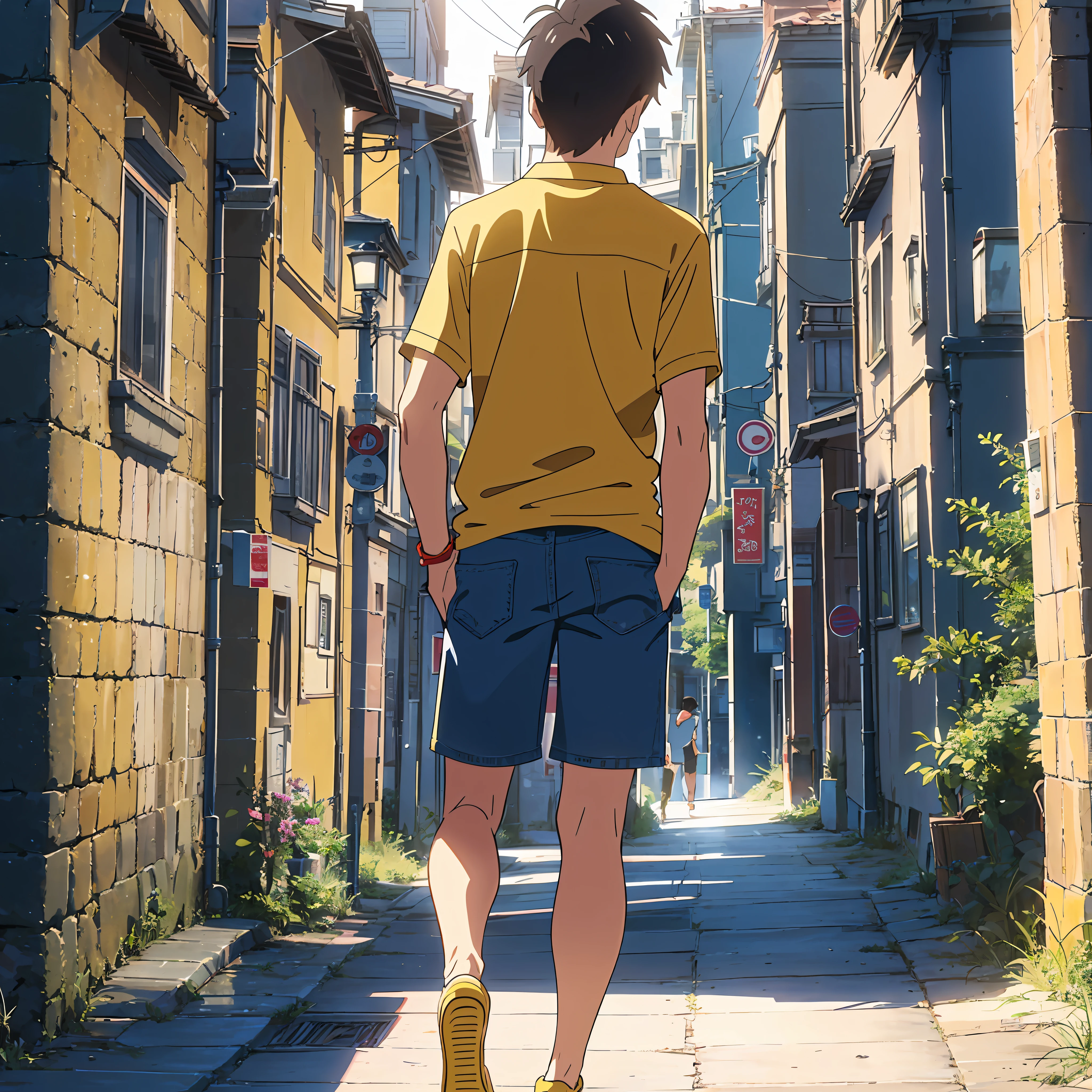 An illustration of a male teenager looking at the village wearing (yellow beach shirt, blue jean shorts, yellow slippers, hands in pockets), (twilight), ligne claire, (view from behind), (full body photo), (themed background), studio ghibli style --auto --s2