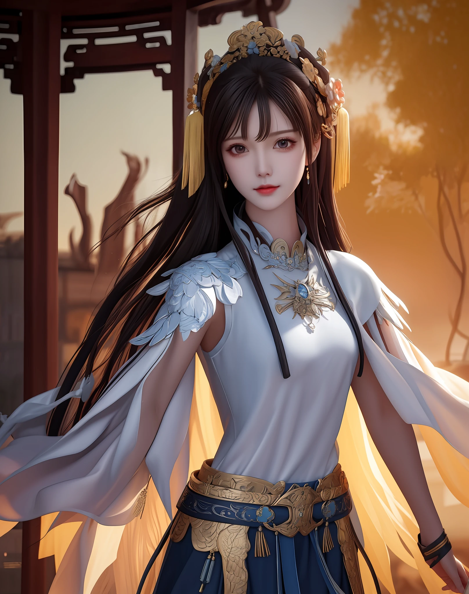 best quality, masterpiece, high resolution, 1girl, ancient chinese battlefield background, metal armor, cape, metal collar, ancient spear, hair ornament, necklace, jewelry, beautiful face, upon_body, tyndall effect, realistic, dark studio, edge lighting, duotone lighting, (high detail skin:1.2), 8k ultra hd, dslr camera, soft lighting, high quality, volumetric lighting, frank, photos, high resolution, 4k, 8k, bokeh, white bikini armor, Ancient metal spear, chest embroidered phoenix, metal cuirass, tight, weapons, short bracers, stockings, weapons