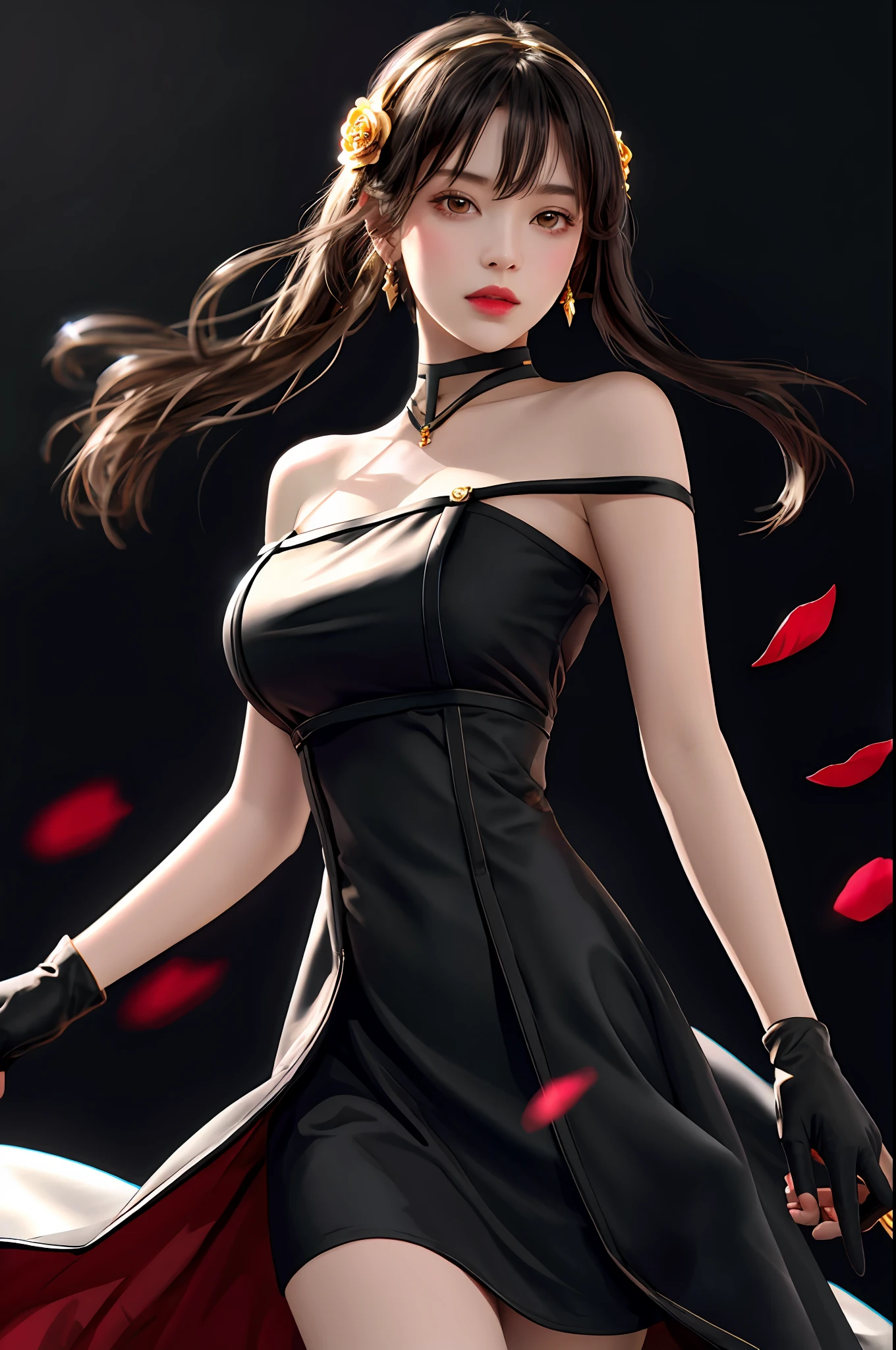 yor briar, (photorealistic), beautiful girl,
backlighting, bare shoulders, black background, black dress, black gloves, black hair, breasts, closed mouth, cowboy shot, dress, earrings, expressionless, fingerless gloves, floating hair, gloves, gold earrings, gold hairband, hair flower, hair ornament, hairband, jewelry, large breasts, light particles, long hair, looking at viewer, off-shoulder dress, off shoulder, petals, red eyes, short hair with long locks, sidelocks, solo, spikes, thighs, two-sided dress, two-sided fabric
, ((masterpiece))