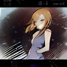 EXLorelei, orange hair, solo, purple skirt, hand holding chin, brown eyes hand on hip