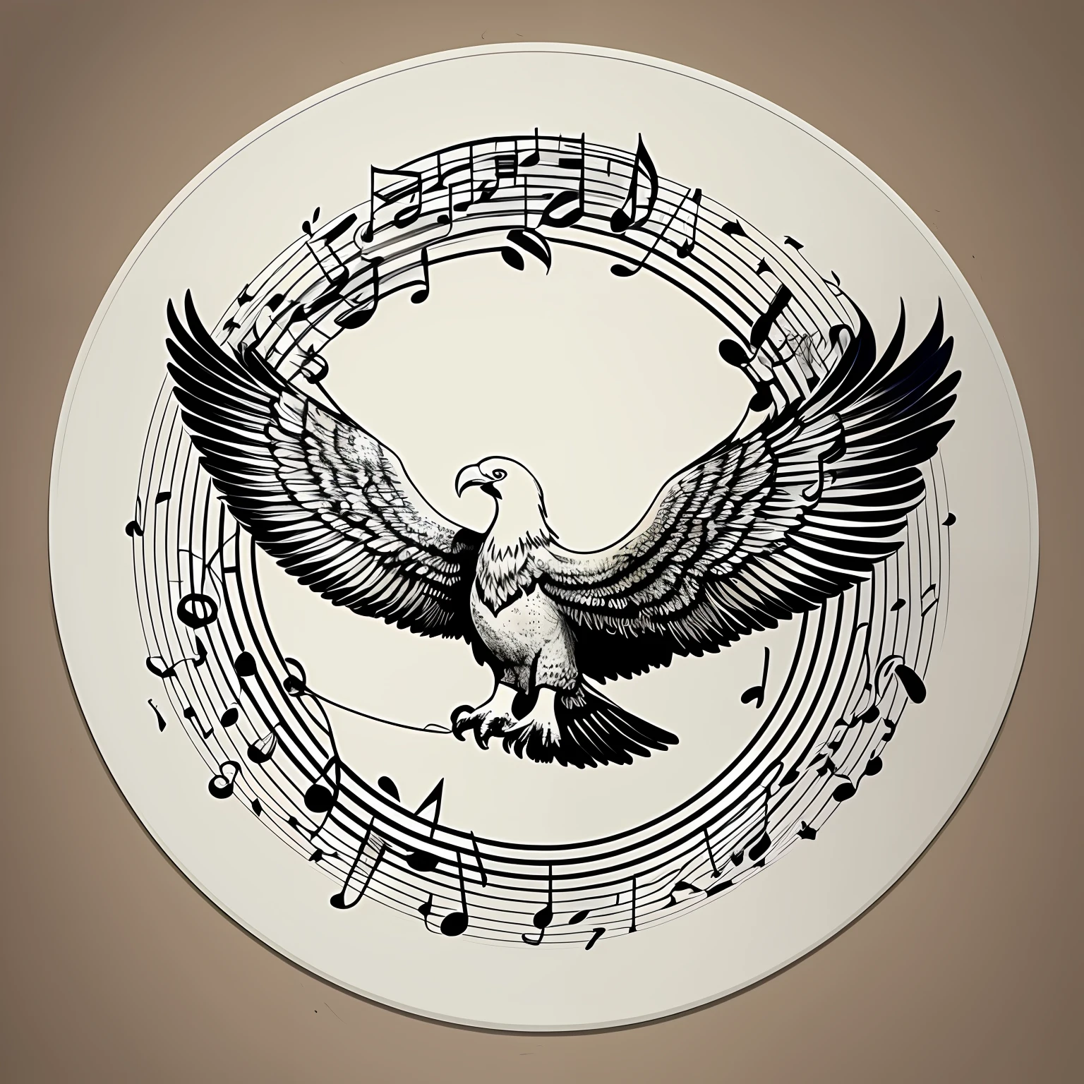 Draw a cool round logo，Include musical notes、Eagle with wings spread，Minimalist style and smooth lines，The background is pure white，Silhouette style