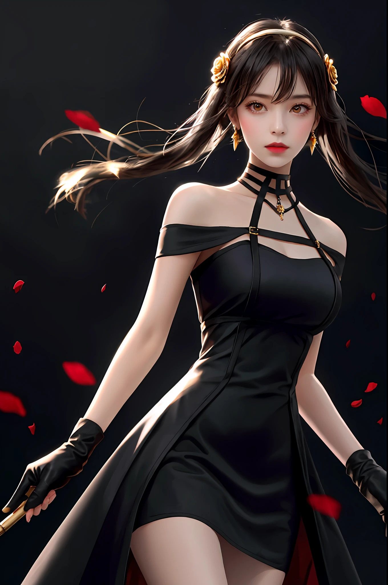 yor briar, (photorealistic), beautiful girl,
backlighting, bare shoulders, black background, black dress, black gloves, black hair, breasts, closed mouth, cowboy shot, dress, earrings, expressionless, fingerless gloves, floating hair, gloves, gold earrings, gold hairband, hair flower, hair ornament, hairband, jewelry, large breasts, light particles, long hair, looking at viewer, off-shoulder dress, off shoulder, petals, red eyes, short hair with long locks, sidelocks, solo, spikes, thighs, two-sided dress, two-sided fabric
, ((masterpiece))