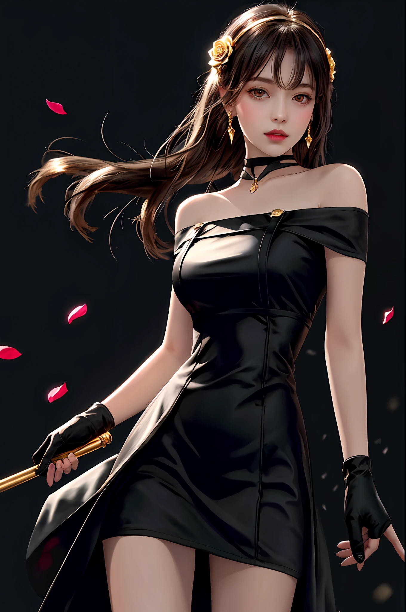yor briar, (photorealistic), beautiful girl,
backlighting, bare shoulders, black background, black dress, black gloves, black hair, breasts, closed mouth, cowboy shot, dress, earrings, expressionless, fingerless gloves, floating hair, gloves, gold earrings, gold hairband, hair flower, hair ornament, hairband, jewelry, large breasts, light particles, long hair, looking at viewer, off-shoulder dress, off shoulder, petals, red eyes, short hair with long locks, sidelocks, solo, spikes, thighs, two-sided dress, two-sided fabric
, ((masterpiece))