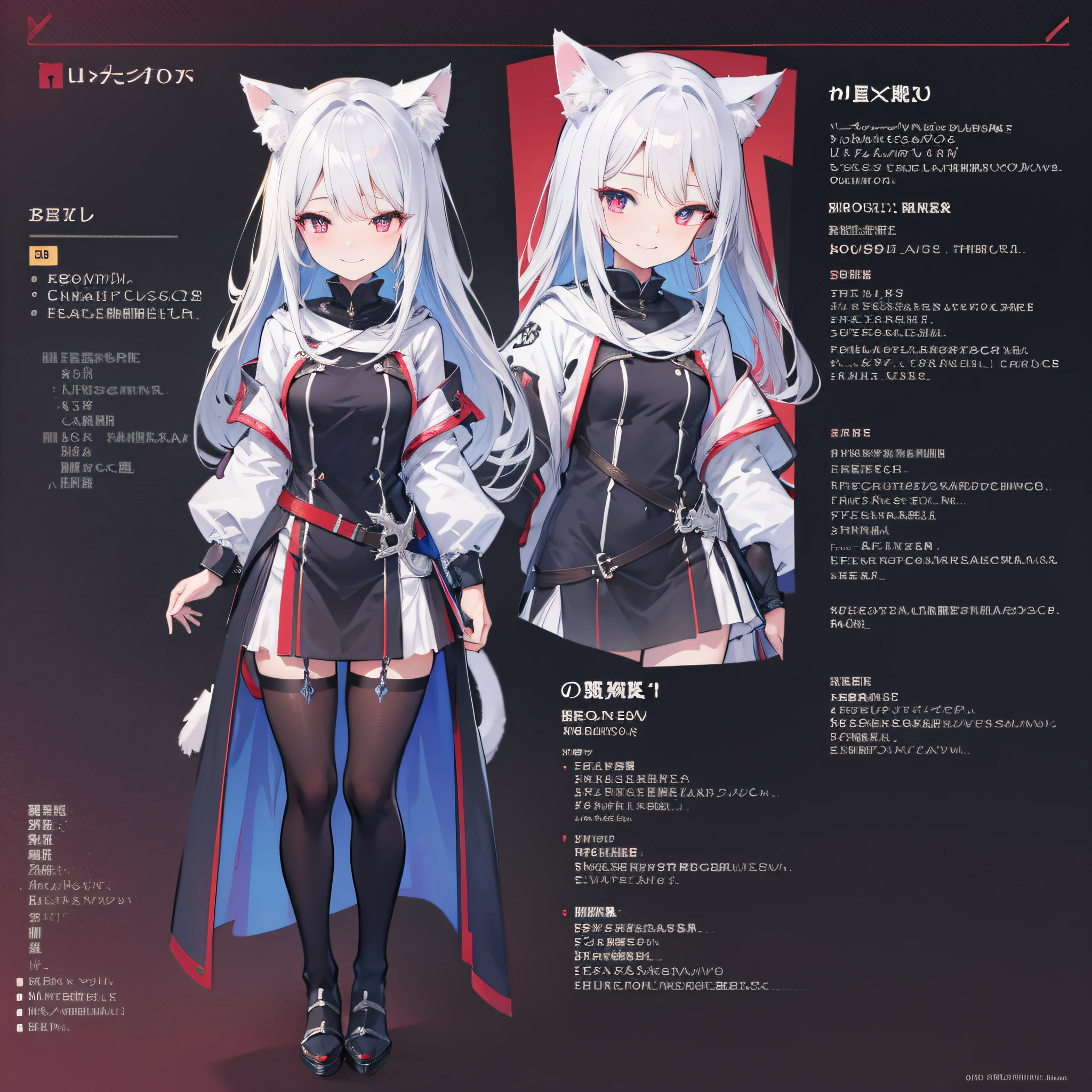 silver hair, slit pupils, cat ears, smile, character chart, reference sheet, tachi-e, anime, UHD, masterpiece, ccurate, super detail, high details, high quality, best quality, highres, 1080P, HD, 4K, 8k, 16k
