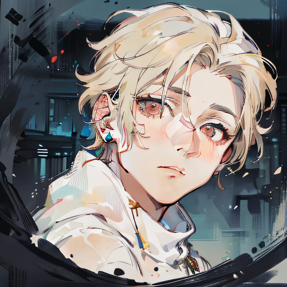 (((1boy))), ((toned)), male focus, masterpiece, high quality, (masterpiece:1.2), (best quality:1.2), shiny, realistic, ornate, intricate skin, bandana on white head, ((blonde hair)), red eyes, bangs, hair between eyes, hair_stick, fox_boy, white cloak, jewelry, solo, pointy_ears, hair_bun, hair_ornament, hair_pin, elegant, looking_at_viewer, putting hands up, red_eyeliner, bags under eyes, FH , looking at the horizon, pupils constricted, (shadows cast over the face:1.3), dark room, shadow room, sad expression, (upper body)