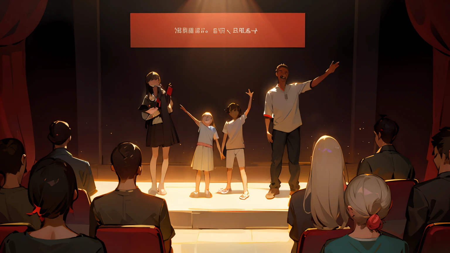 Performances，stage，viewer，Lovely kids，Adults in casual attire，Stand on stage，Laughter。