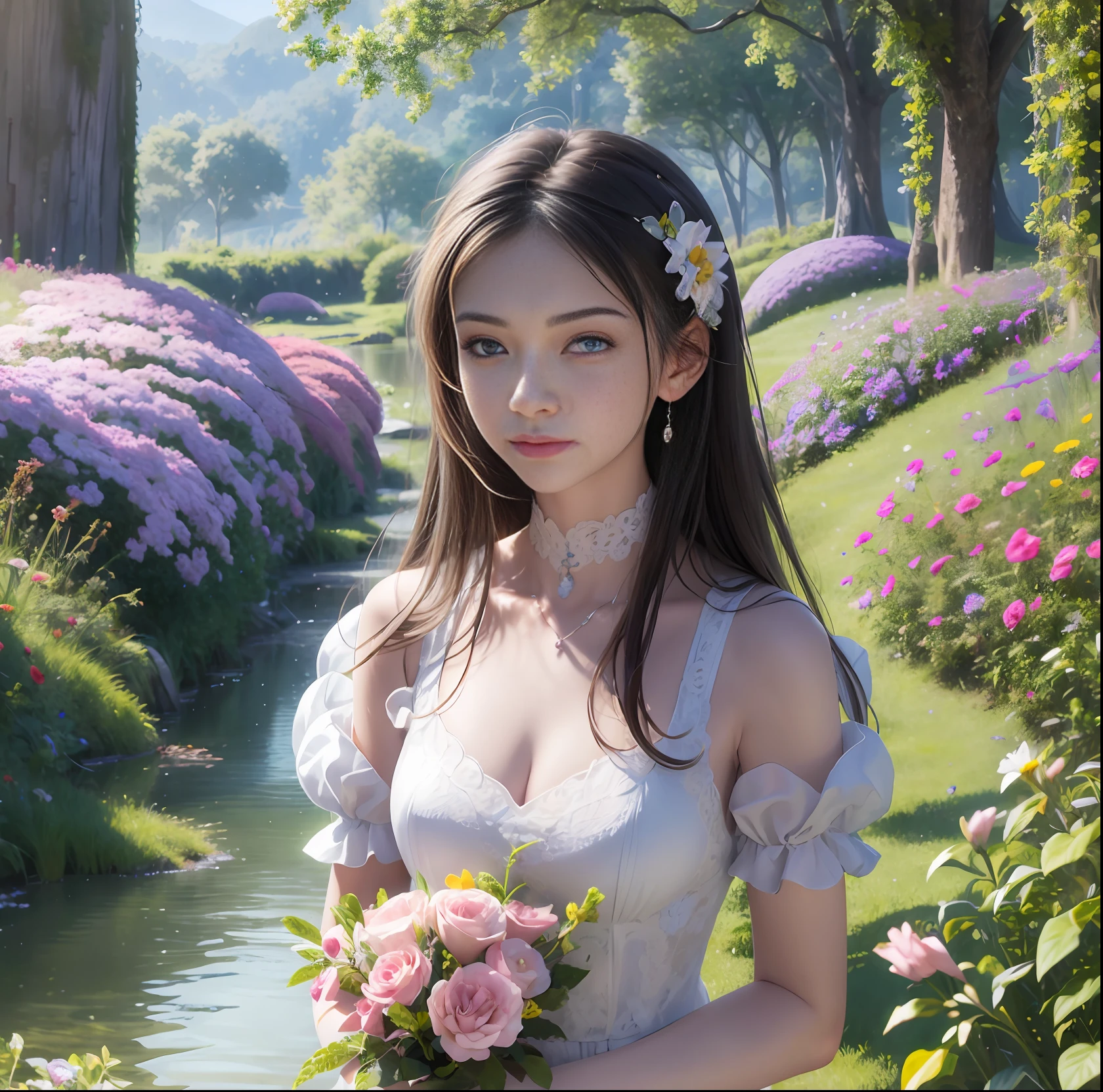there is a woman in a white dress holding a bouquet of flowers, fantasy art style, beautiful maiden, fantasy beautiful, trending on cgstation, guweiz, 🌺 cgsociety, digital fantasy art ), artwork in the style of guweiz, inspired by Fenghua Zhong, ethereal beauty, a goddess in a field of flowers, by Yang J