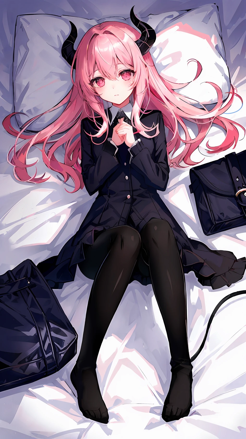 black, pink, demon girl, full body, on bed, zombie pose,