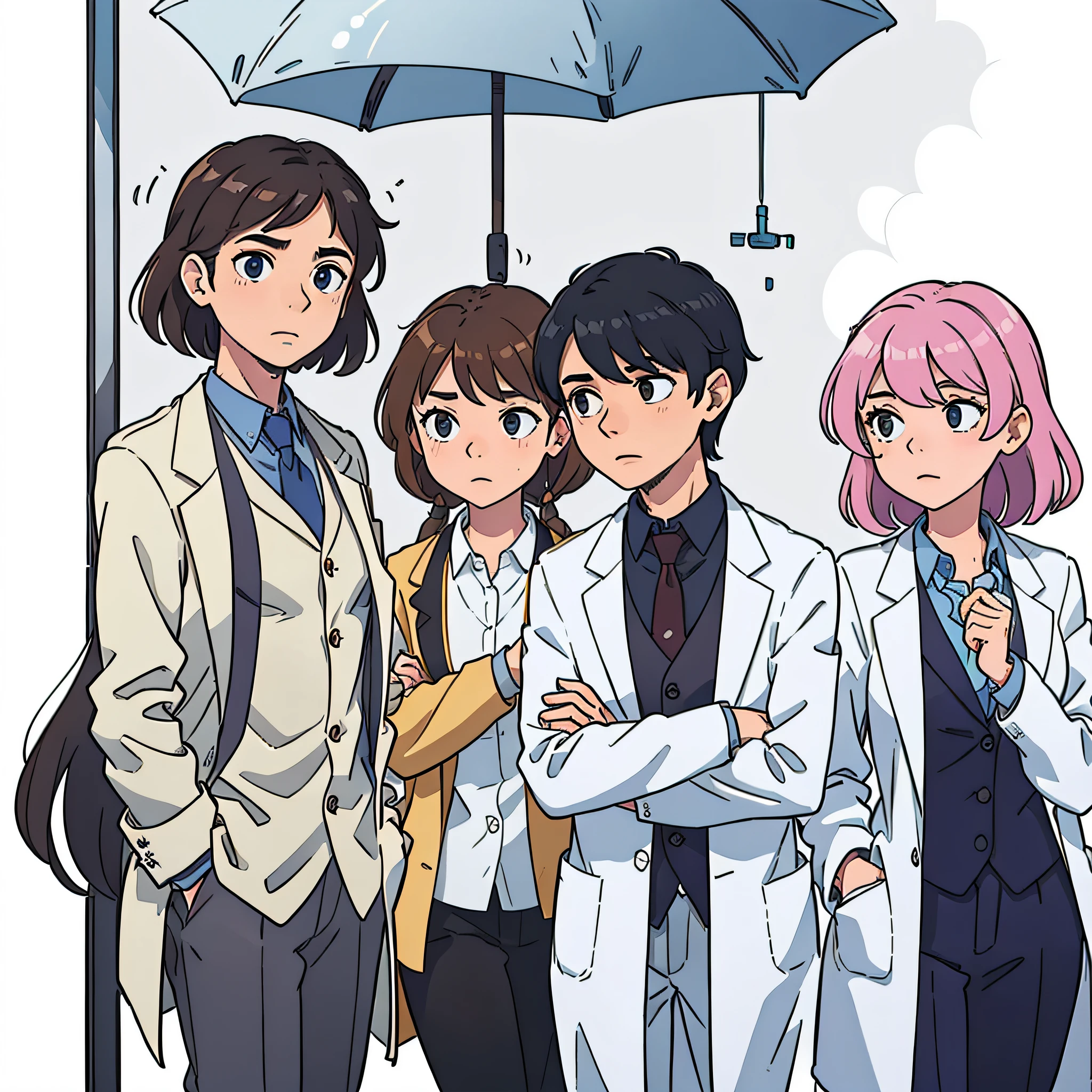 Um grupo de 3 cientistas, some are men. Everyone is wearing suit scientist lab coats