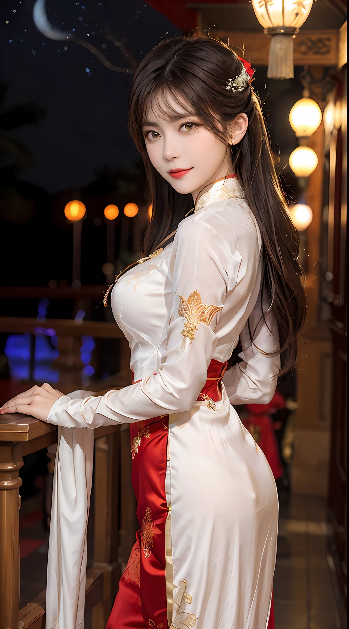 1 very pretty girl, solo, 27 years old, girl wearing bridal ao dai, long dress and hair jewelry, young girl wearing white ao dai, red and yellow silk pants, red and white hugging ao dai, thin ao dai fabric, wearing with ao dai, luxurious and mysterious dark color version, hair jewelry with many sophisticated patterns, head jewelry, red lips, thin and beautiful lips, captivating smile, beautiful details, detailed background detailed, super detailed, magic lighting, nice lighting effects, clear face, shoulder length hair, beautiful and well proportioned face, (transparent yellow eyes : 1.8), big round eyes and very beautiful and meticulous, wearing a silk dress, mysterious makeup, jewelry on ao dai, bangs flat and dyed in light yellow, medium-sized, even breasts, big buttocks, flat stomach, body curves perfect girl, girl's portrait, upper half, hanging, Real and alive, (stars: 1.7), (sky of the zodiac: 1.8), fiction , RAW photos, Vietnam Ao Dai photos, beautiful photos best, 8k, best quality 8k photo, surreal, most realistic,