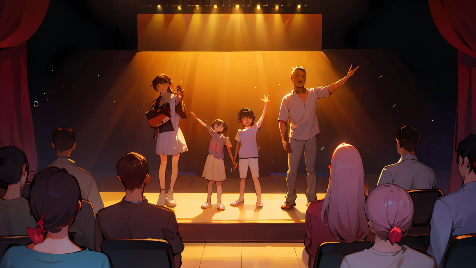 Performances,stage,viewer,Lovely kids,Adults in casual attire,Stand on stage,Laughter。
