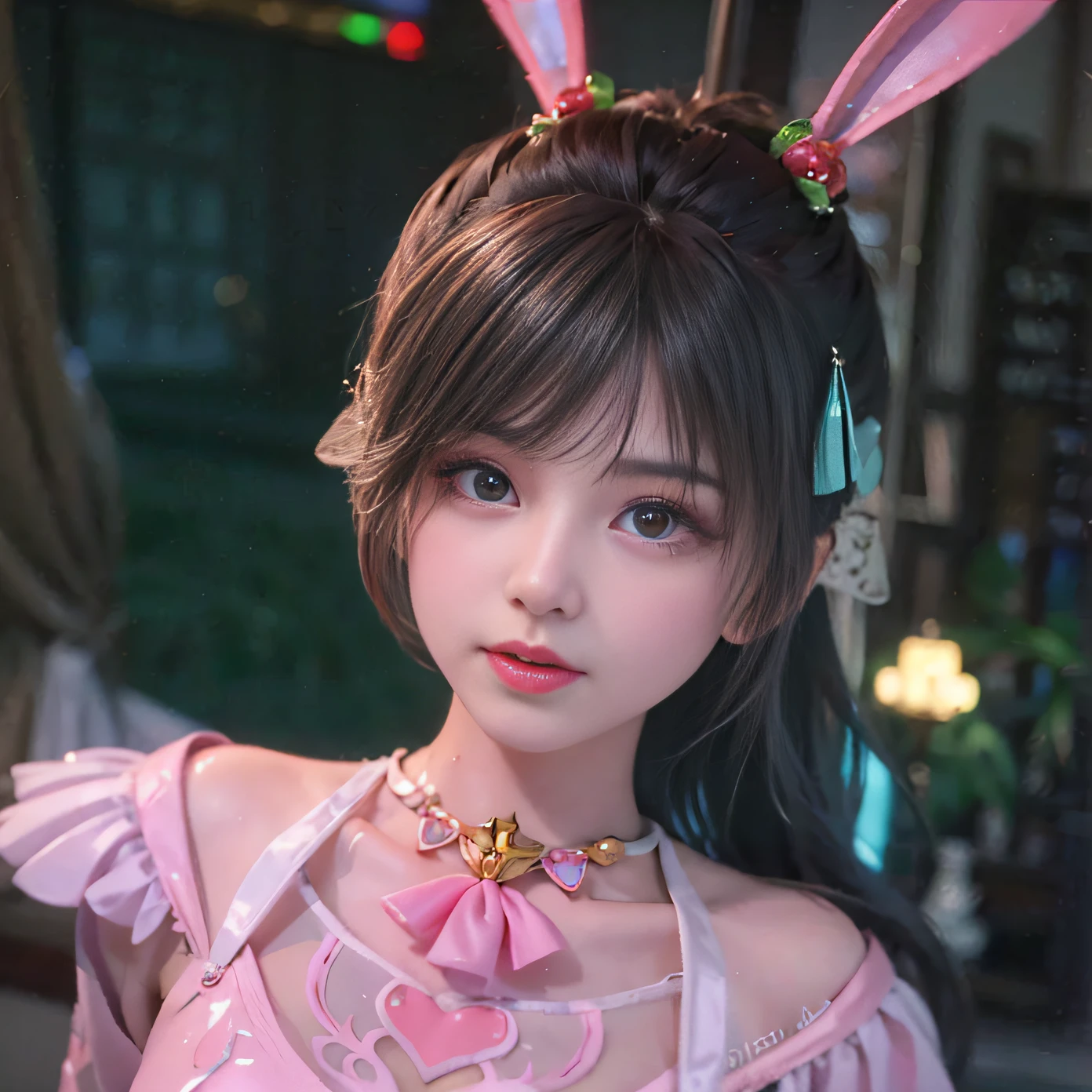 there is a girl with bunny ears and a pink dress, trending on cgstation, ultrarealistic sweet bunny girl, guweiz, kawaii realistic portrait, artwork in the style of guweiz, realistic anime 3 d style, trending at cgstation, 🌺 cgsociety, yanjun chengt, sakimichan, , anime realism style, portrait anime girl