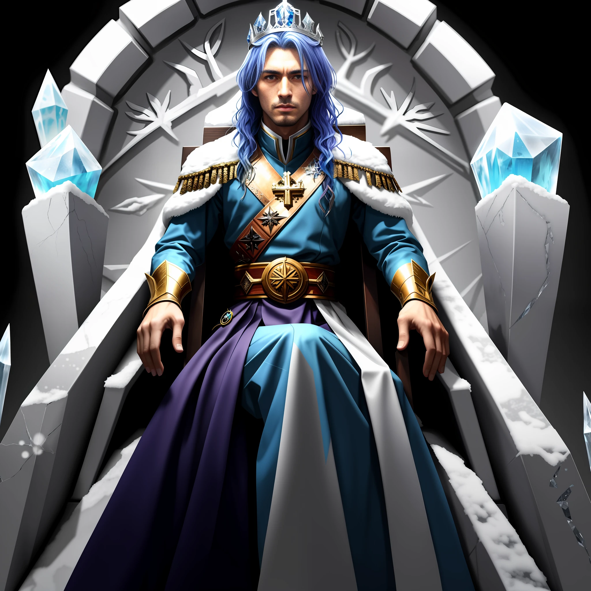 king, Portait of a, ((Sitting on a throne: 1.9)), (adult man: 1.6), (Intricate details: 1.2), (Ice Crown: 2.5), (Dark uniform: 1.4), (Blue lines), (Heterochromia: 1.7), (blue right eye: 1.4), (brown left eye: 1.4), (photo:1.3), 4k, (defects on skin:0.8), (Best Quality:1.3), (colored hair: 1), (Throne of the Ice: 1.5), ice, snow