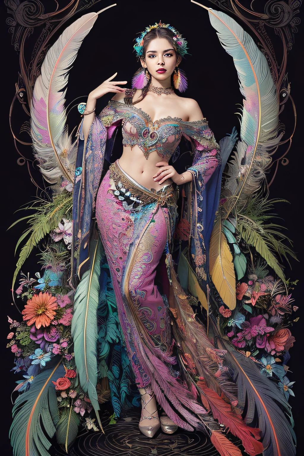 (masterpiece, top quality, best quality, official art, beautiful and aesthetic:1.2), (1girl:1.3), extremely detailed,(fractal art:1.1),(colorful:1.1)(flowers:1.3),highest detailed,(zentangle:1.2), full body, (abstract background:1.3), (shiny skin), (many colors:1.4), ,(earrings), (feathers:1.5),