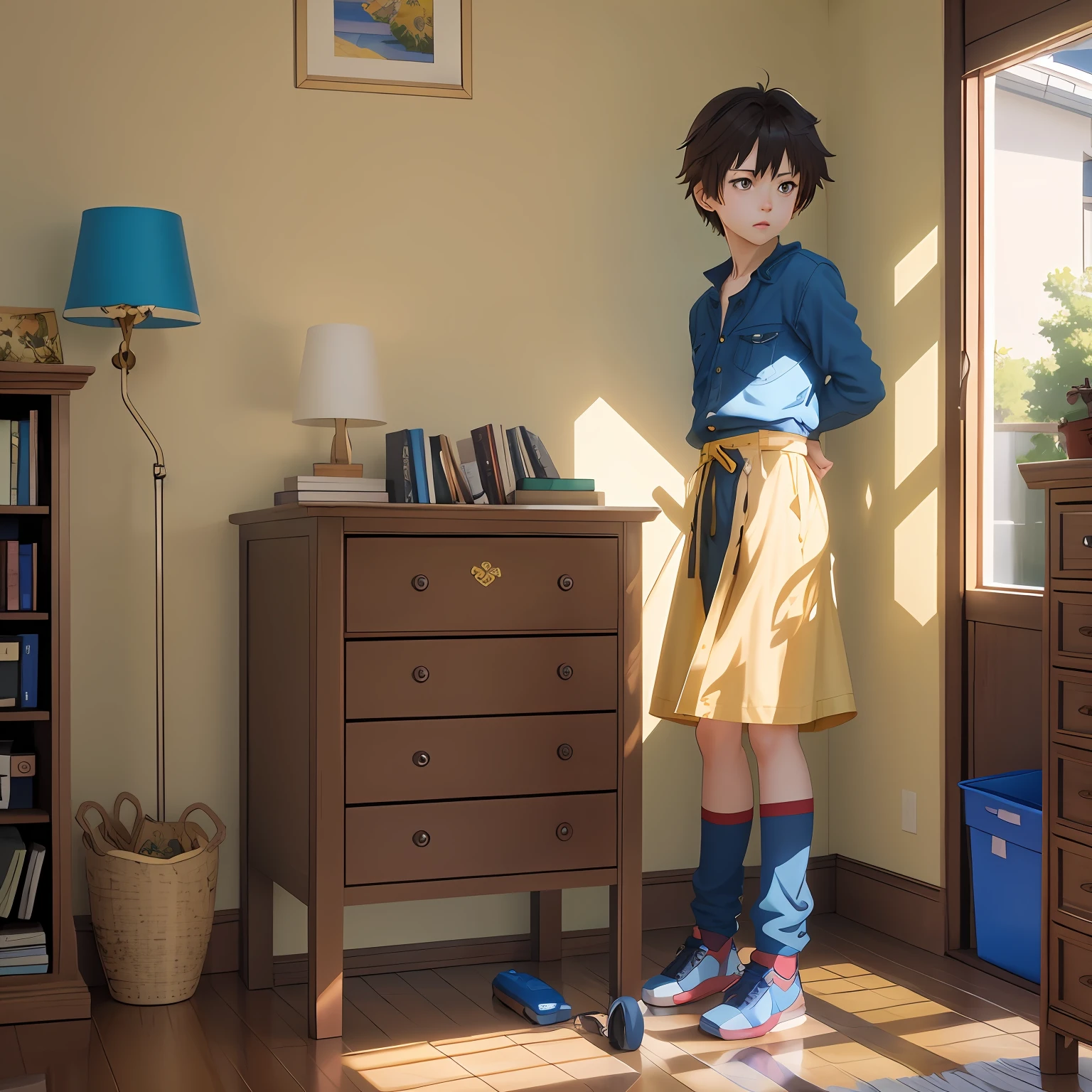there is a cartoon boy standing in a room with a bookcase, shinkai makoto. digital render, shinkai makoto. Octane rating rendering, Realistic anime 3 D style, anime styled 3d, Octane rating rendering. author:shinkai makoto, animetic. Soft illumination, official anime still, realistic afternoon lighting, in style of makoto shinkai
