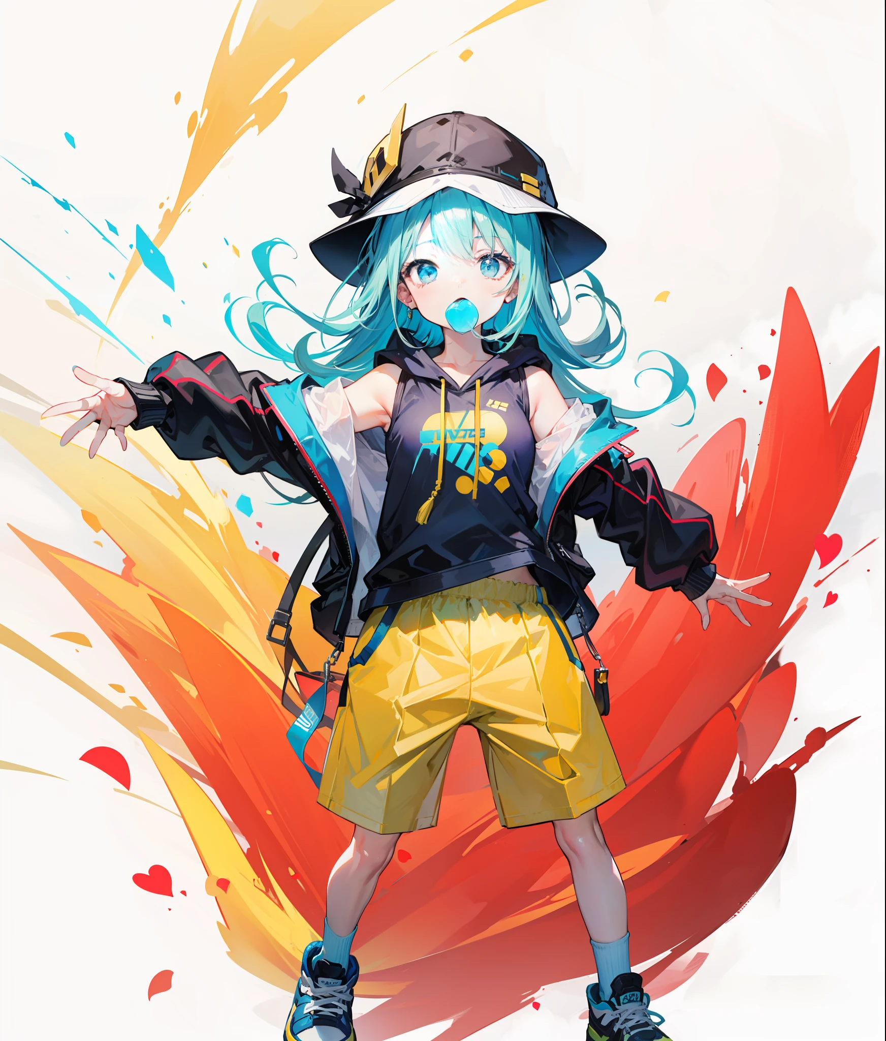 Cyan hair，Light blue eyes，Yellow shorts，Mouth open，Dark blue hat
