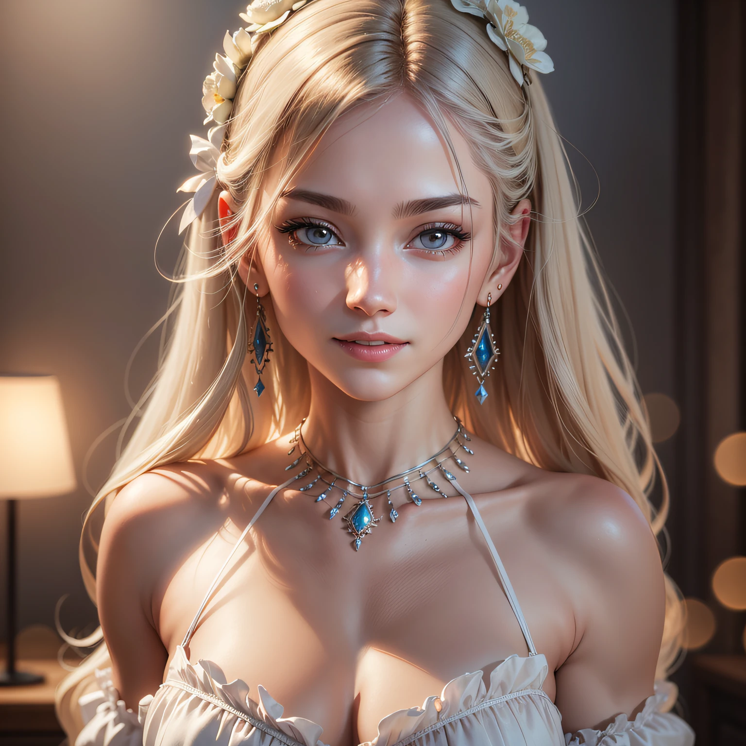 (((obra maestra))), Super detailed, (flirtatious expression), white silk, ((cara super linda y tierna)), ((cara angelical)), ((Incredibly beautiful eyes, (ojos luminosos), (cuerpo completo), (cabello luminoso), Super sexy hair, cabello multicolor, (Delicate and perfect tricks), (Perfect anatomy), Super delicate and sexy body, Pose sexy, (Super thin face), Delicate features, ultra detalladas, mejor calidad, Cinematic lighting, belleza cautivadora, mirada sexy, bonito fondo de estrellas