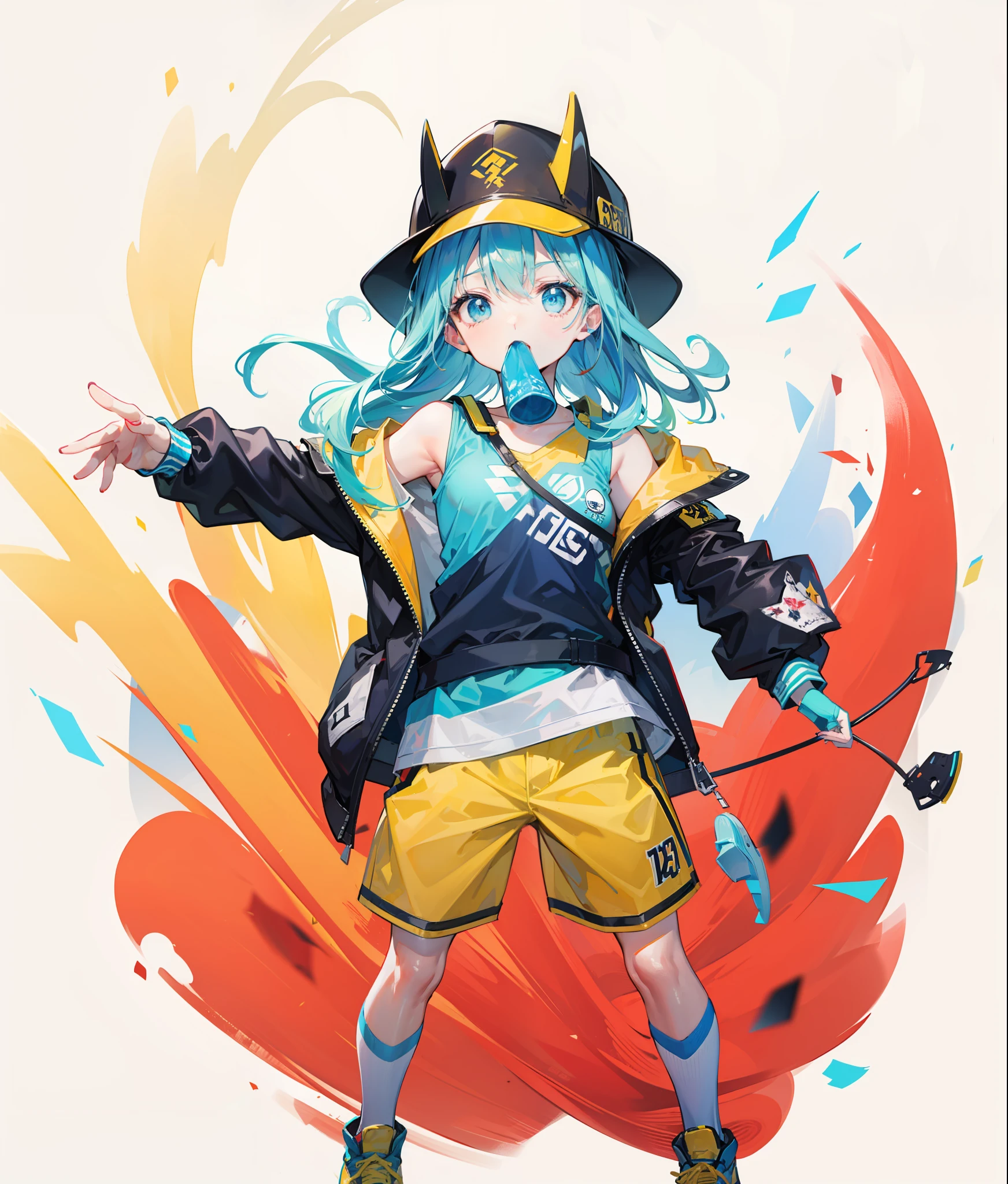 Cyan hair,Light blue eyes,Yellow shorts,Mouth open,Dark blue hat