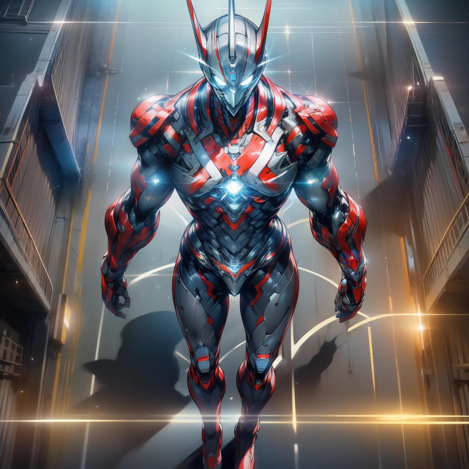 （Masterpieces、Need、Super delicate、high res），Male focus，(((ultraman )))，，(His head is tapered,The body is made of red and silver，The arms present a streamlined design，The fist came forward，The fist carries a huge red light like a rocket，There is a glowing ring on the chest，Looks tall and thin，The overall look is streamlined and cool)，(Standing Posture)，Posing for a photo，High angle，night，At the entrance of the Optics Valley Weiming Experimental Primary School，Background details，（（（total body））），From above，solo，(((Huge feeling)))，