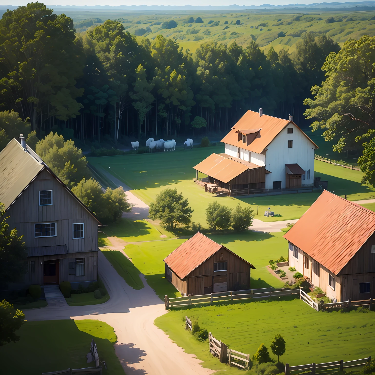 create an image of a farm with a comprehensive view of where you can see all these buildings in the same environment:  casa, curral, celeiro, very wooded with birds flying, cavalos, vacas e outros animais, todos em perfeita harmonia e paz. --auto