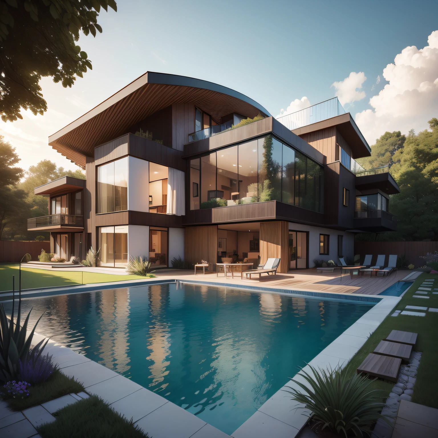 Organic modern architecture on a fairly large plot, from , there is a swimming pool in the middle of a large house of a flower, color of the house in chocolate brown and black beams, large modern residence, flat roofs and garden, render luxcore, render oktane, a photorealistic rendering, architectural rendering, mantra rendering, architectural rendering, realistic rendering, architectural visualization, wellness pool,  Architectural visualization, large green zones, with small zones of lavender flowers, green shrubs type lush green garden, as well as small water mirrors, swimming pool embedded in an area of sand, olive and pine trees around the house, paddle court next to the house