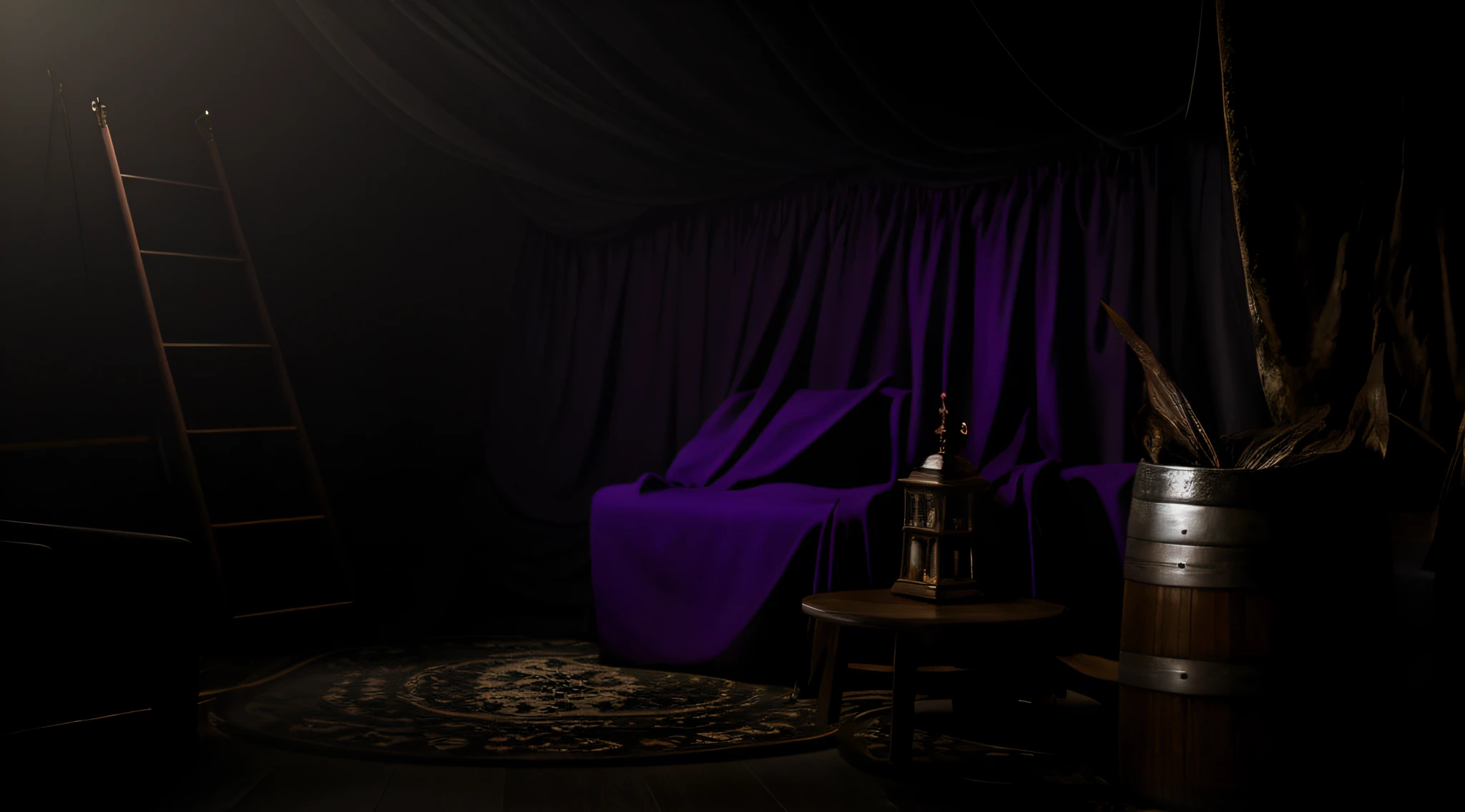fortune teller room, dark, purple curtains, dark atmosphere, barrel, Surrealism, Abstract expressionism, Realism, cinematic lighting, ray tracing, drop shadow, vignetting, pov, lens flare, UHD, 4K, HD, best quality, high quality, high details