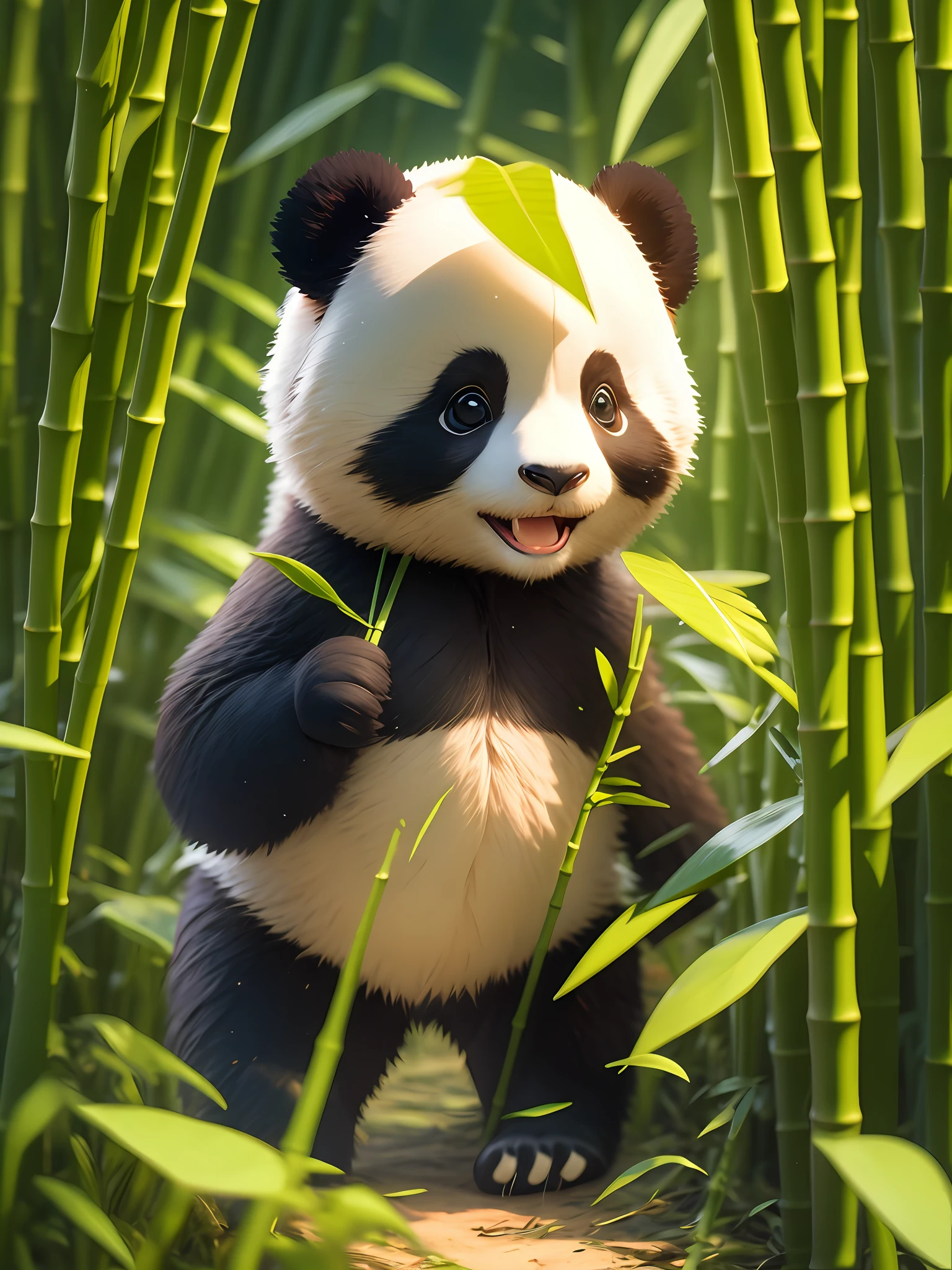 1 Panda cub with a charming expression，Standing in a bamboo forest，total body，hairy，leaf，no human，In the bamboo forest，More details，Rich in color，adorable smile，Best quality，8K，high saturation，full body，chibi