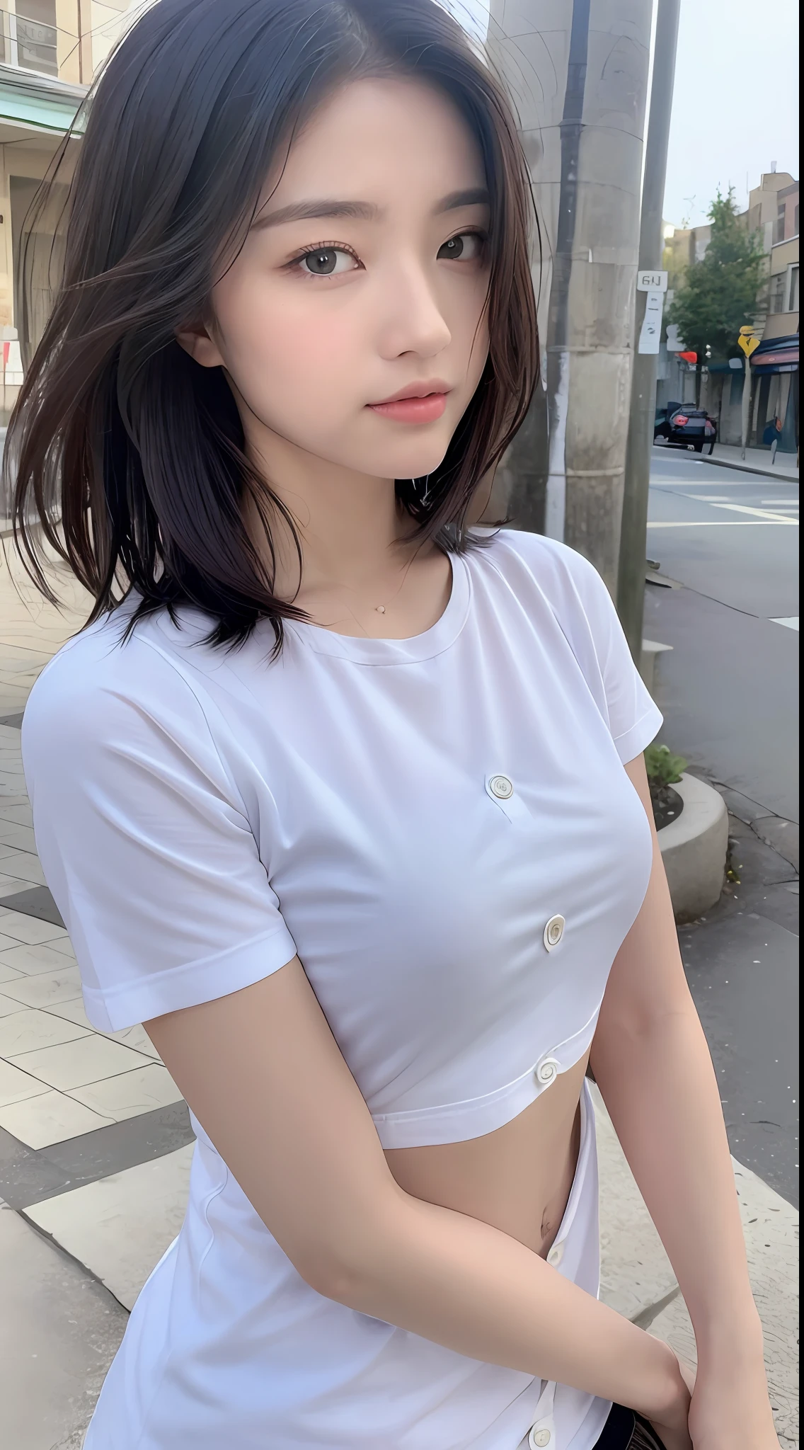 ((Best Quality, 8K, Masterpiece: 1.3)), Sharp: 1.2, Perfect Body Beauty: 1.4, Slim Abs: 1.2, ((Layered Hairstyle, :1.2)), (White Button Short Sleeve Shirt: 1.1), (Street: 1.2), Wet: 1.5, Highly detailed face and skin texture, Fine eyes, double eyelids, looking at the camera