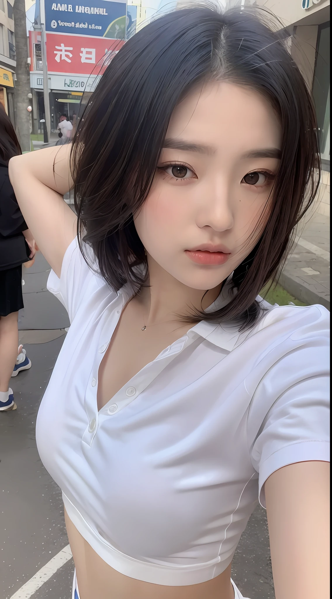 ((Best Quality, 8K, Masterpiece: 1.3)), Sharp: 1.2, Perfect Body Beauty: 1.4, Slim Abs: 1.2, ((Layered Hairstyle, :1.2)), (White Button Short Sleeve Shirt: 1.1), (Street: 1.2), Wet: 1.5, Highly detailed face and skin texture, Fine eyes, double eyelids, looking at the camera