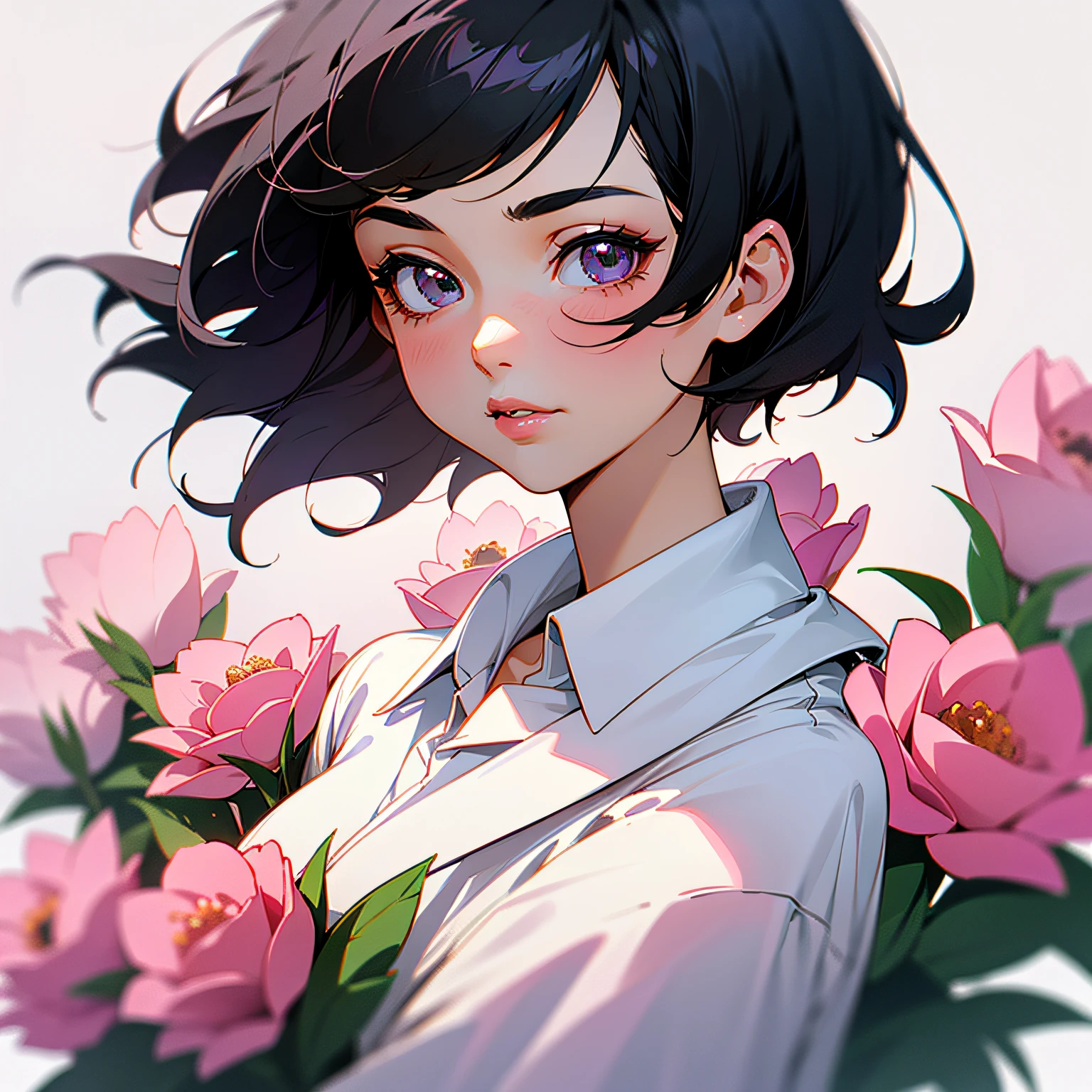 anime woman in pink with glasses, in the style ofdelicate flora depictions,photo-realistichyperbole, gongbi, shiny/glossy, exquisite, animeaesthetic, light amber
