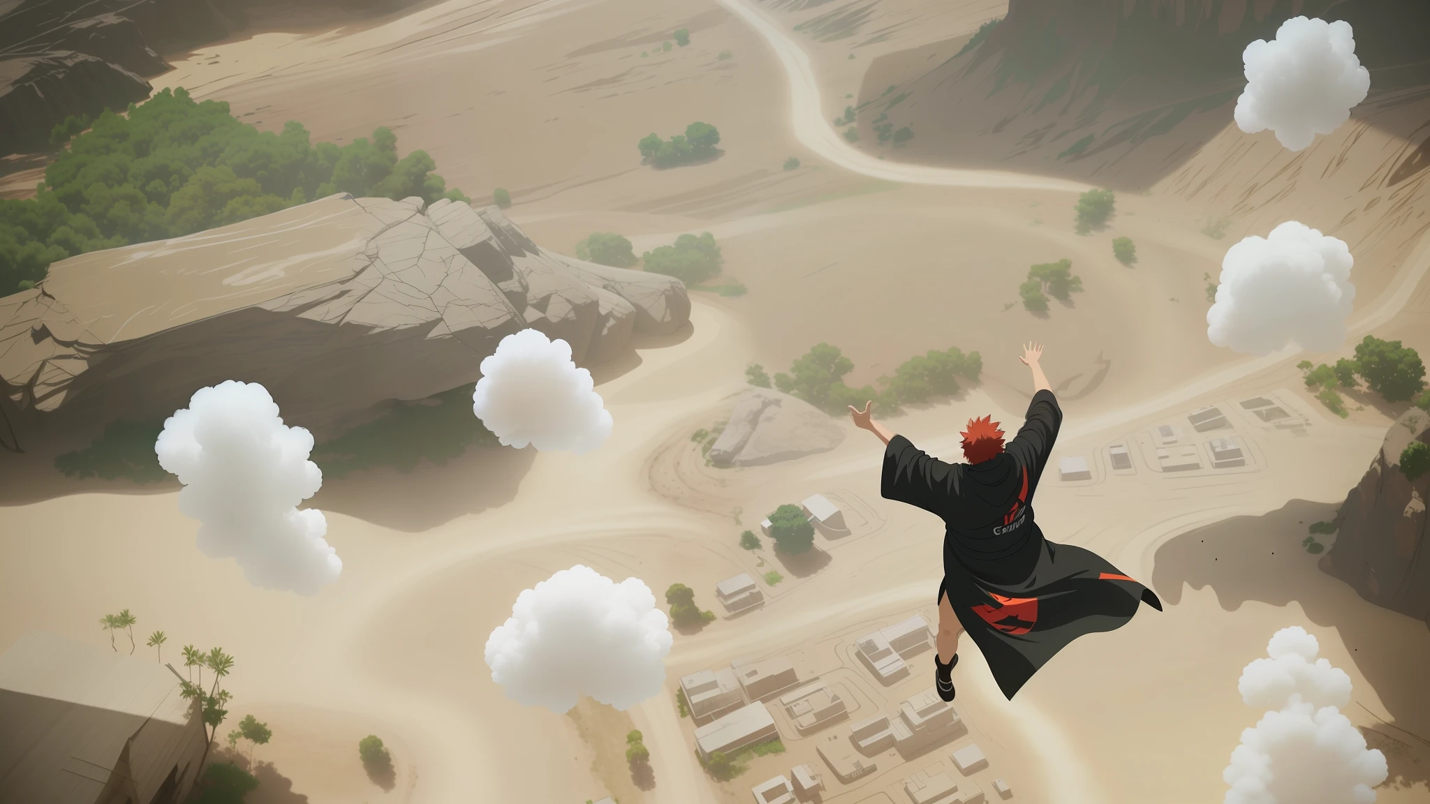 There's a man flying through the air, Akira CGI Filme Stills, Tiro VFX, sobrevoando uma cidade densa, Efeitos visuais impressionantes, epic vfx shot, vfx action shot, VFX surreal altamente detalhado, VFX altamente detalhado, Octane render. Por Makoto Shinkai, vfx render, cena vfx altamente detalhada, Naruto (Obra prima:1.2),(ARTE CGI:1.3), (Postprocessing:1.3),(Crisp Focus:1.3), fiction ,8K A CGI version. Character Pain flying over the village of konoha with open arms. Cabelos ruivo laranja. Obra de arte, .CGI Perfeito | | | | |. Imagem pelas costas do personagem, roupa preta com nuvens vermelhas desenhadas na roupa