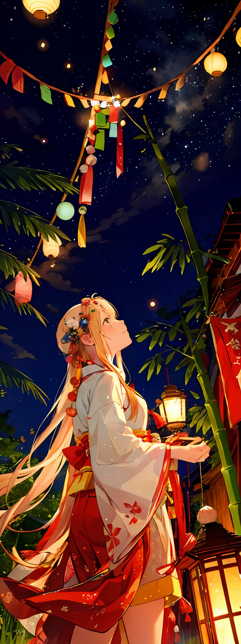 Tanabata decoration、Strip、Colorful、Tanabata Festival、bamboo grass、Tanabata bamboo ornament、Kind eyes、Emotional gaze、Logo with the word July、With frame