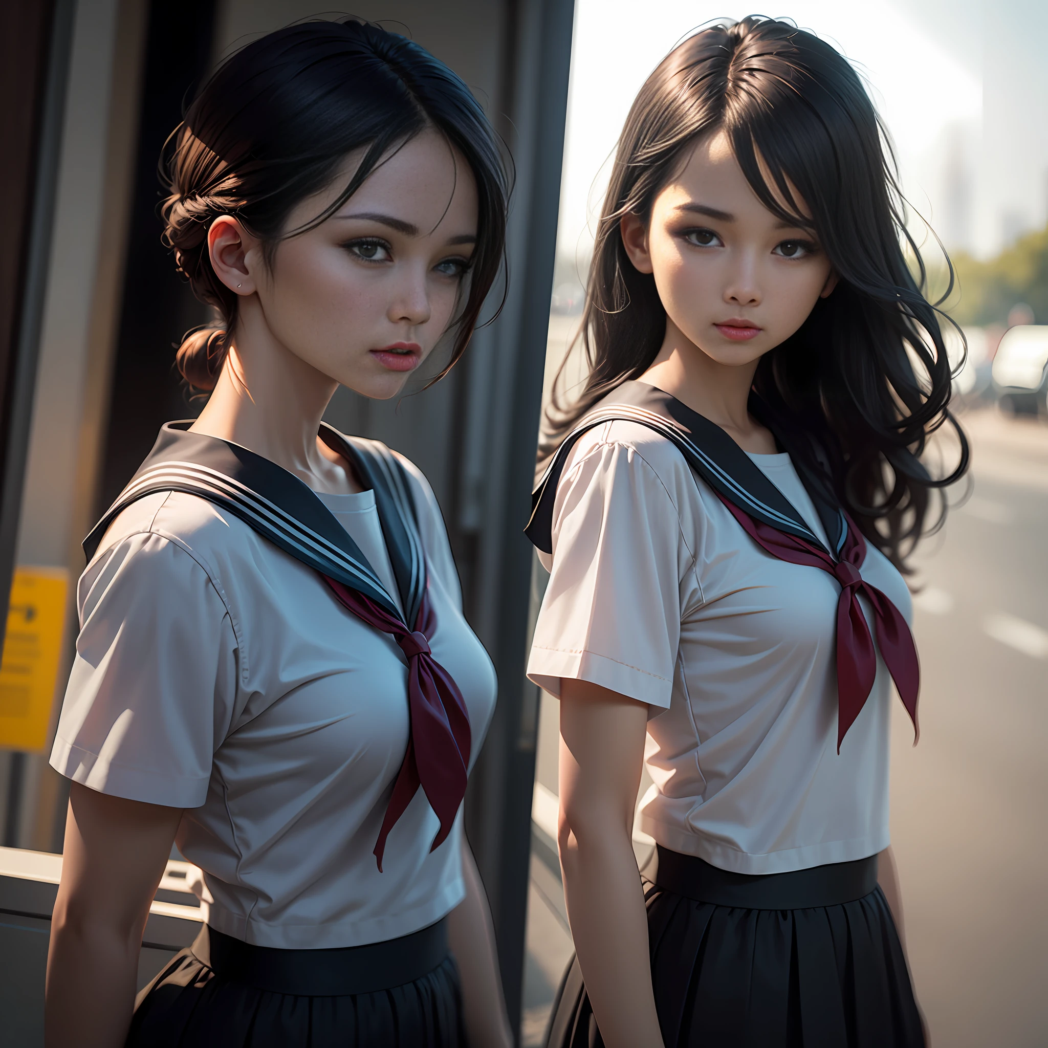 photograph、Natural lighting、photo realism、Cinematic Rendering、raytracing、best-quality、Highest detail、Cinematic、Third Person View、Blur effect、Long Exposure、8K、ultra-hd、Natural lighting、Moody Lighting、Cinema tick writing、detailed backgorund、A girl、sailor clothing、Floral --auto