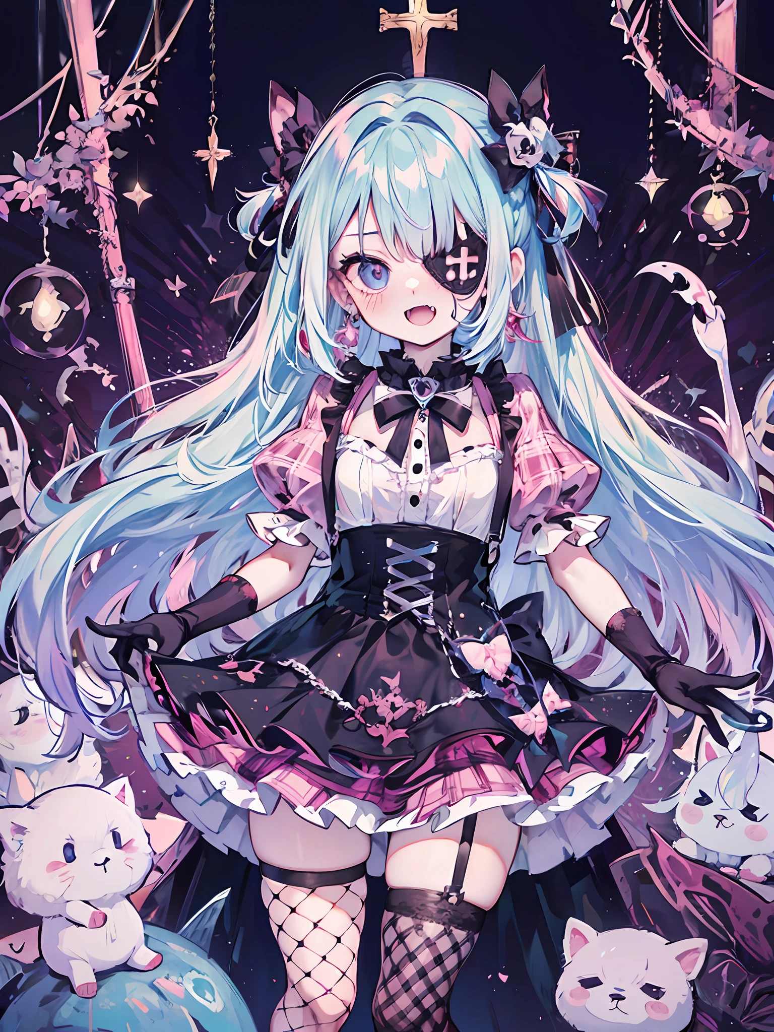vampire,fang,Plaid dress,Bow,Lolita stylish,Lolita style,Anime girl role play,Lori,cuddly, Angelic beauty, Lori, Portrait of Lolita girl, Purple lattice, y 2 k ,Y2K,Emo style,non-mainstream,Red checkered,Mines are girls,Harajuku style,Exaggerated dressing,Intricate ornaments,Rock style,Gothic style,rivet,earings,two tone hair,Pink and blue hair,Purple plaid skirt,Half-cut gloves,Leg rings,Suspenders,Metal jewelry,skeleton,Love,Blood,Maniacal laughter,Sick,fishnet stockings,Unilateral eye patch,crucifix