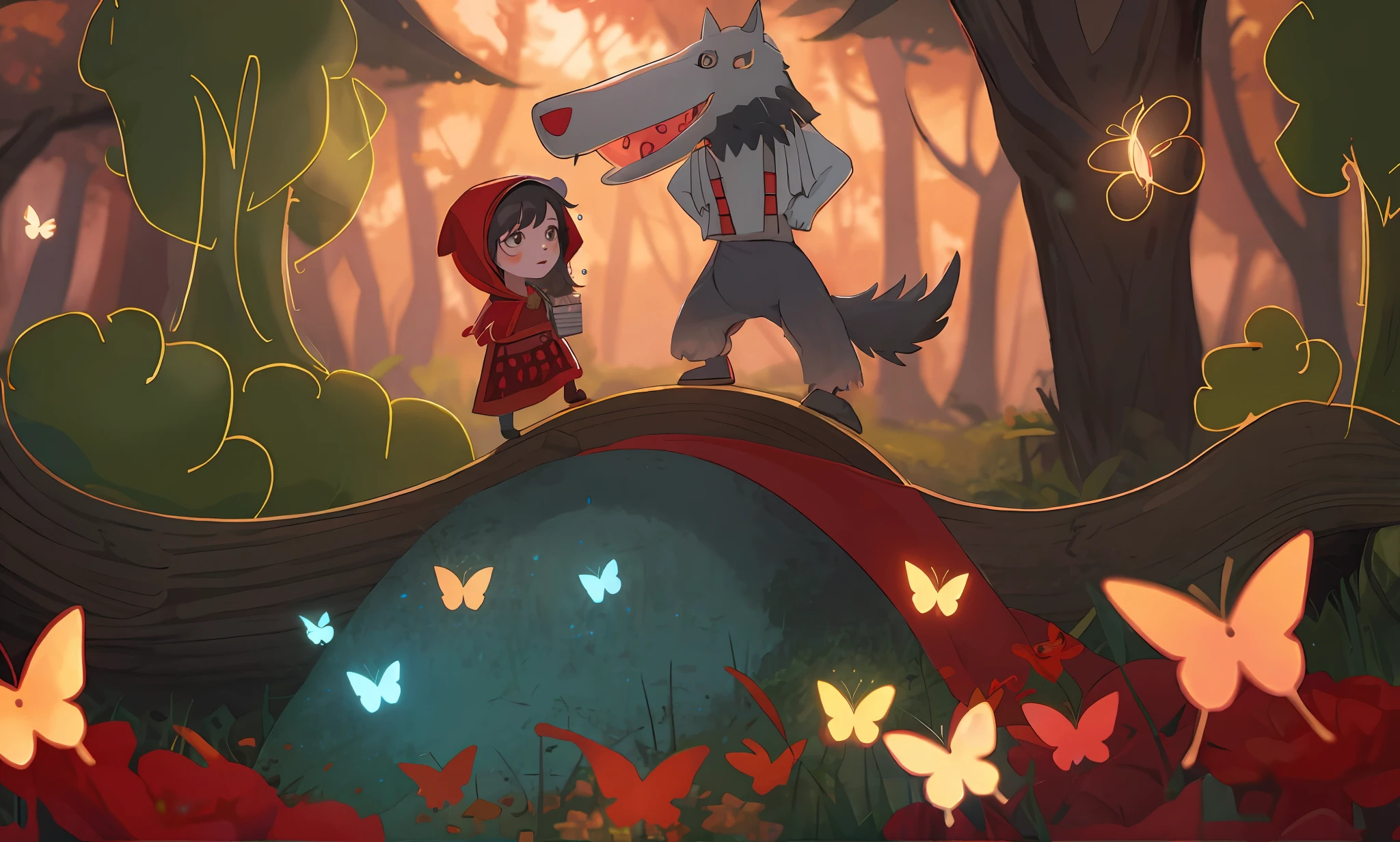 Little Red Riding Hoodie and Caricature in Wolf, red riding hood, big bad wolf, illustration for children, fairy-tale illustration style, childrens illustration, fairy tale illustration, childrenbook illustration, childrenbook illustration, Illustration of toddlers, story book illustration, story book illustration。tree。Lawn，butterflies，Lovely drawing style。rich color，Harmony and unity