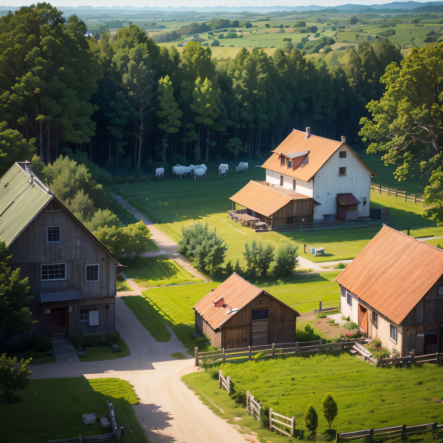 create a cartoon drawing-style image of a farm with a comprehensive view of where you can see all these buildings in the same environment: casa, curral, celeiro, very wooded with birds flying, cavalos, vacas e outros animais, todos em perfeita harmonia e paz. --auto