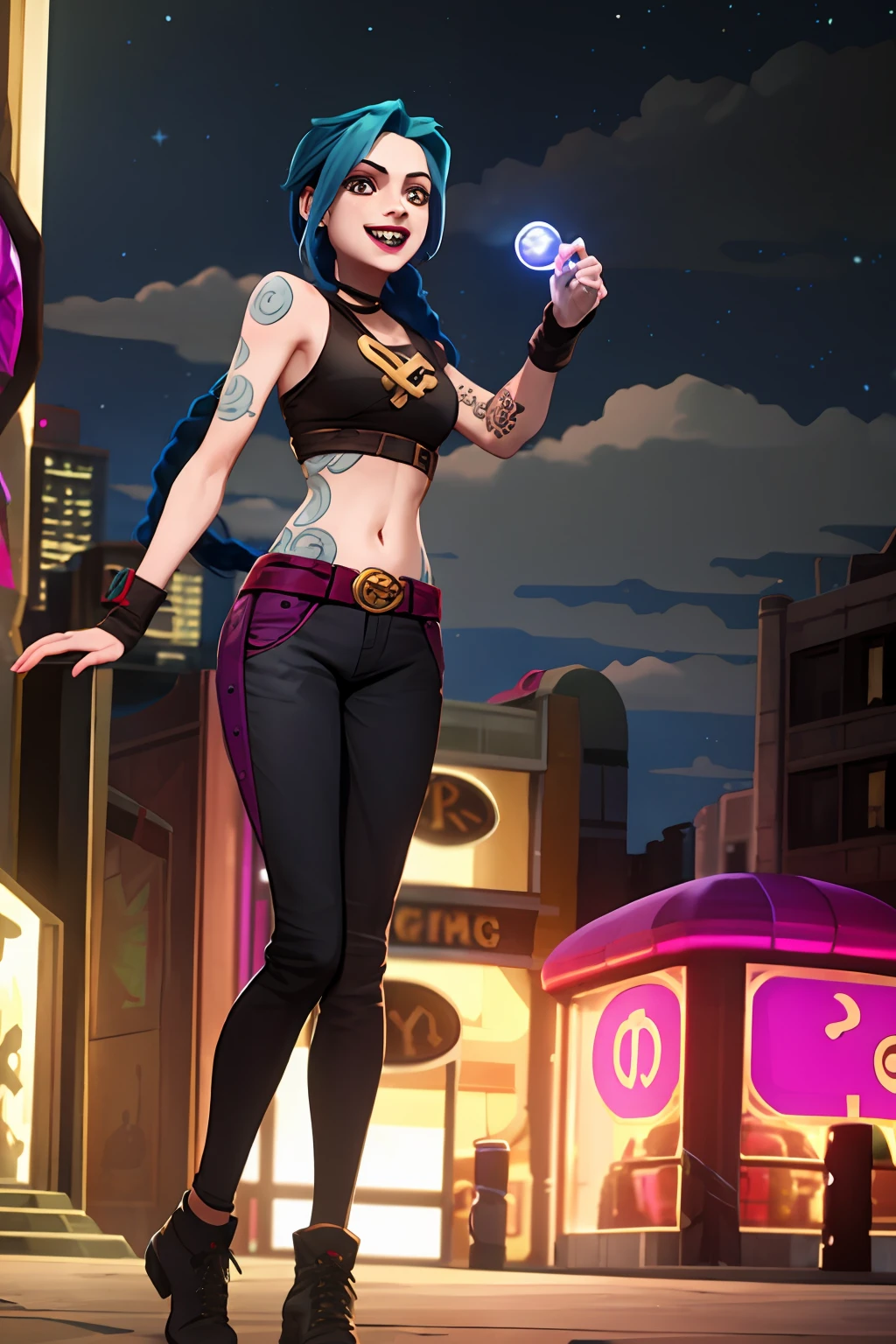 arcane style,
1girl, arm tattoo, asymmetrical bangs, bangs, blue hair, braid, brown shirt, cloud tattoo, looking at viewer, laughing, crazy, uncontrollable laugh, mad look, night, city, green hair, long hair, midriff, pink eyes, red lips, shirt, solo, standing, tattoo, twin braids, full body, arcane jinx, jinx \(league of legends\)
