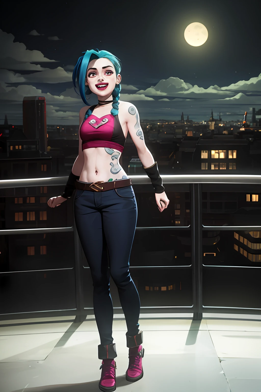 arcane style,

1girl, arm tattoo, asymmetrical bangs, bangs, blue hair, braid, brown shirt, cloud tattoo, looking at viewer, laughing, crazy, uncontrollable laugh, mad look, night, city, green hair, long hair, midriff, pink eyes, red lips, shirt, solo, standing, tattoo, twin braids, full body, arcane jinx, jinx \(league of legends\)