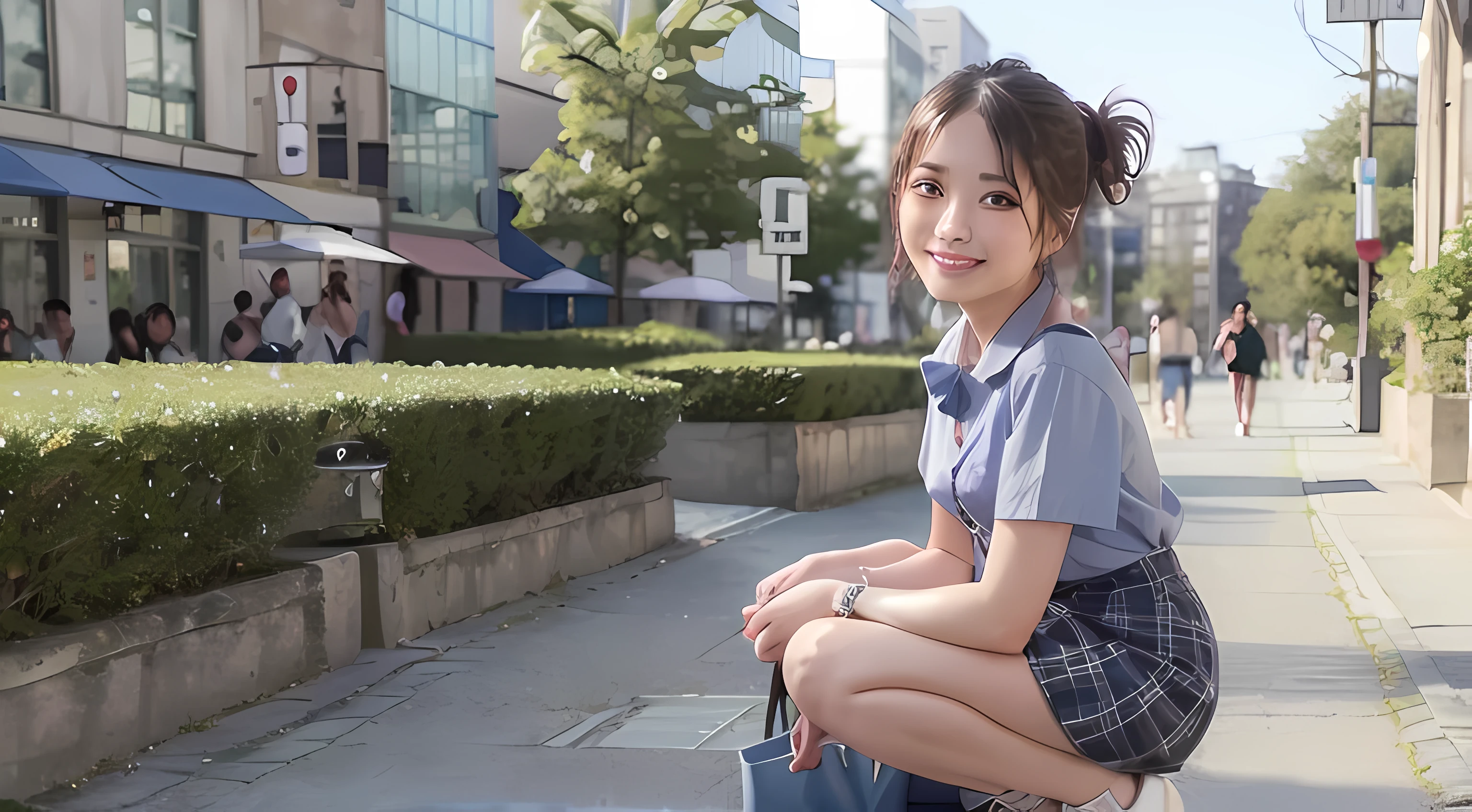 Very Smile,(Best Quality),(Masterpiece),(Super Detail),(Hi-Res),(8K Portrait),Production Art,Full Body,Hanazono Park,Squatting,Flower Garden,Hands Tucked Between Crotch,Open Legs,Single,Solo,Cute,Cityscape,Day,Blue Sky,(Wind:1.4),Delicate Face,Small Head,Brown Eyes,Short Sleeved Uniform,Silver-Blue Striped Tie,Blue Tartan Skirt,Black tote bag, smile, happiness,