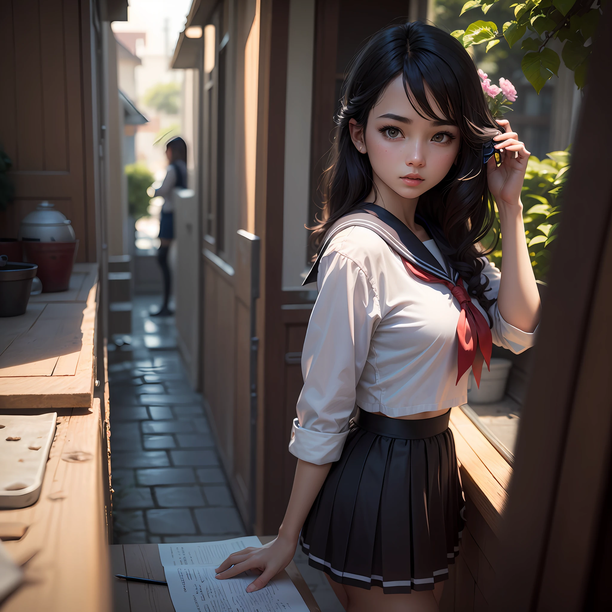 photograph、Natural lighting、photo realism、Cinematic Rendering、raytracing、best-quality、Highest detail、Cinematic、Third Person View、Blur effect、Long Exposure、8K、ultra-hd、Natural lighting、Moody Lighting、Cinema tick writing、detailed backgorund、A girl、sailor clothing、Floral、garden、 --auto