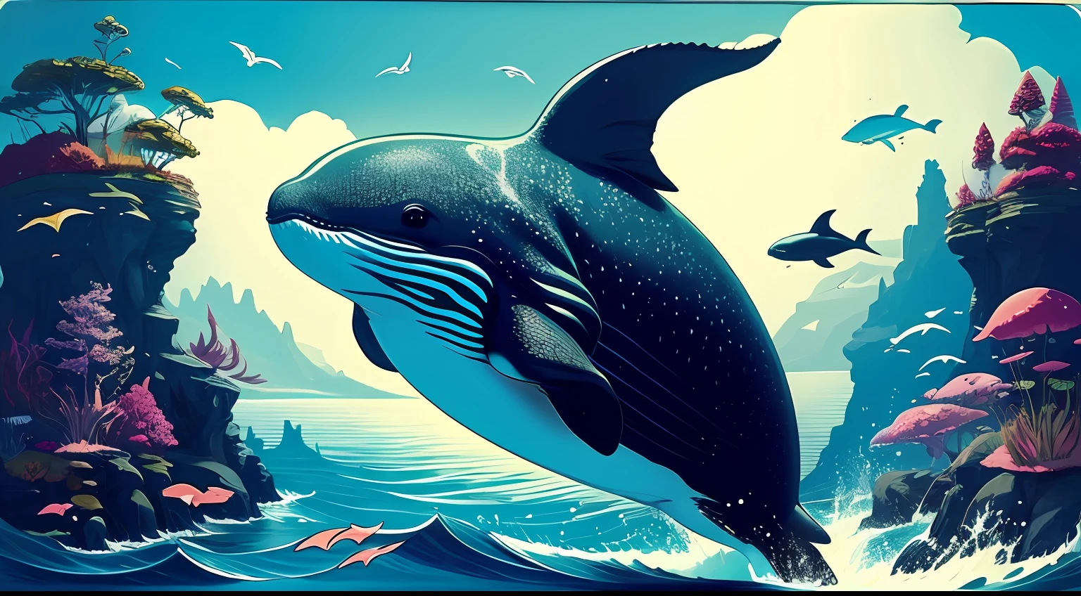 (High contrast),Whale in colorful fantasy style,Leap out of the sea